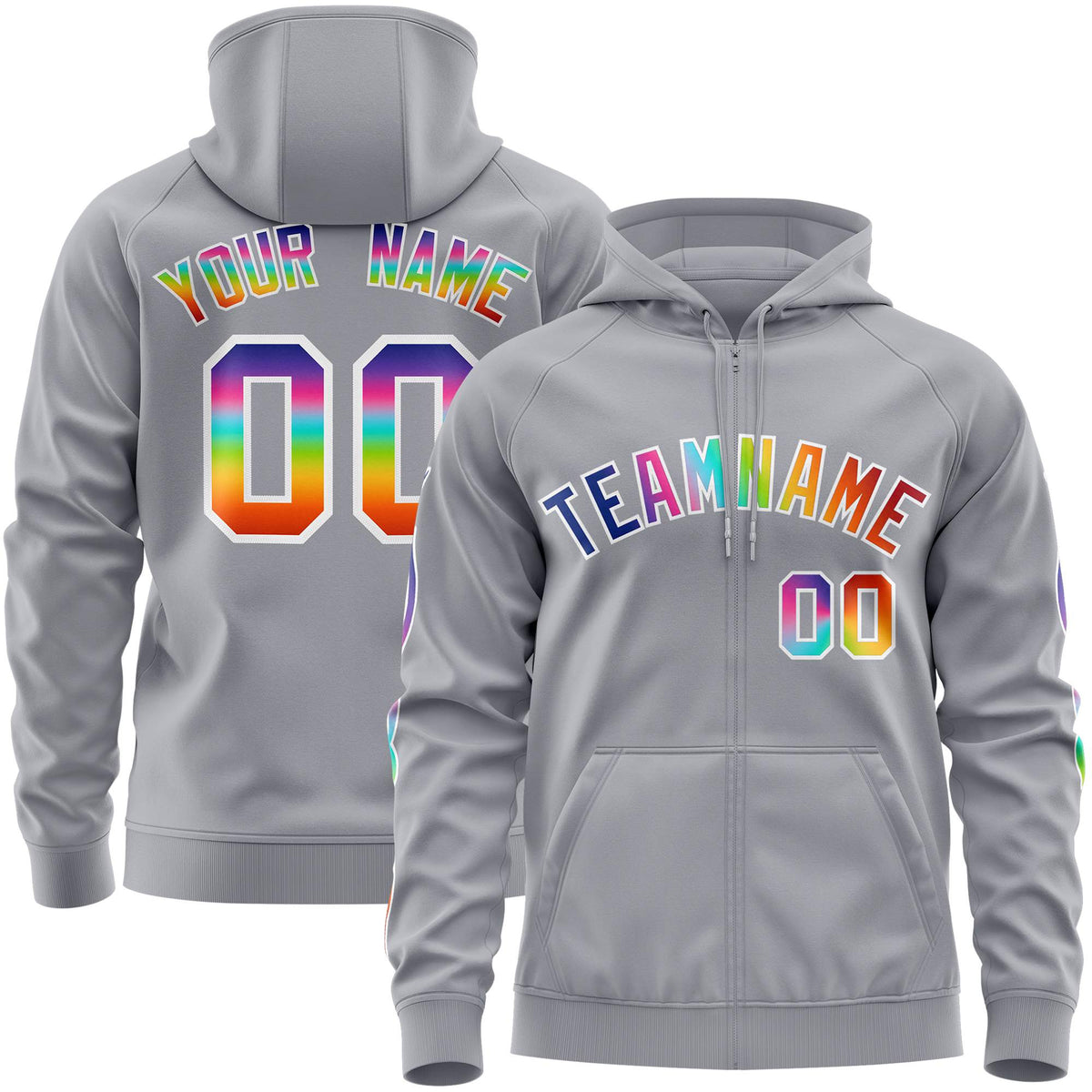 Custom Stitched Gray White Sports Full-Zip Sweatshirt Hoodie with Colored Flames| KXKSHOP