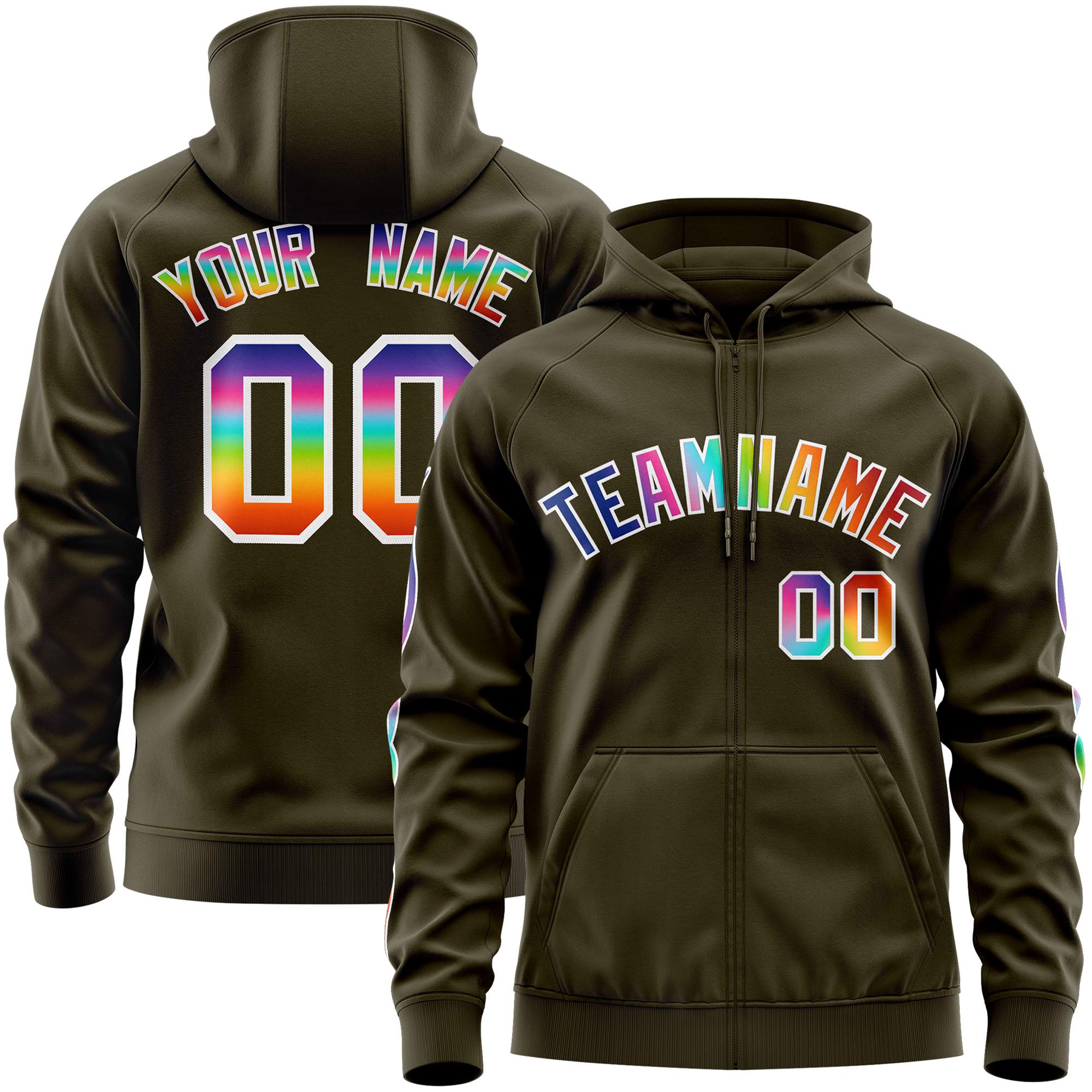 Custom Stitched Olive White Sports Full-Zip Sweatshirt Hoodie with Colored Flames| KXKSHOP