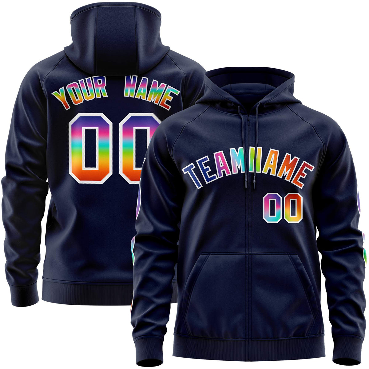 Custom Stitched Navy White Sports Full-Zip Sweatshirt Hoodie with Colored Flames| KXKSHOP