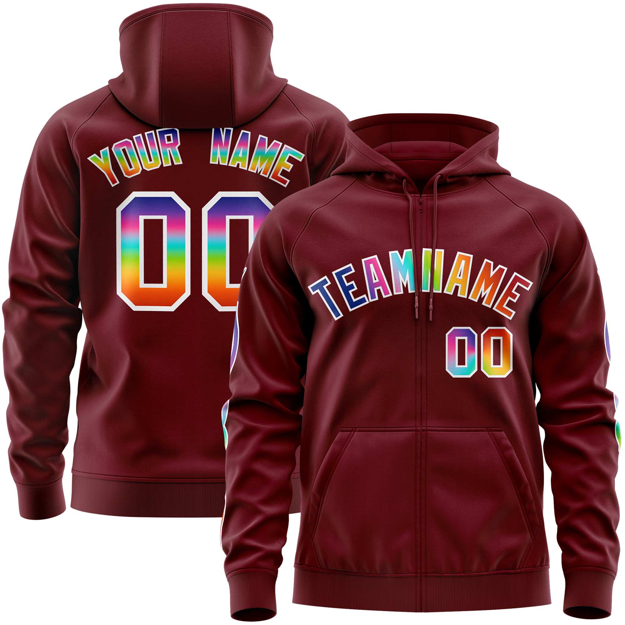 Custom Stitched Crimson White Sports Full-Zip Sweatshirt Hoodie with Colored Flames| KXKSHOP