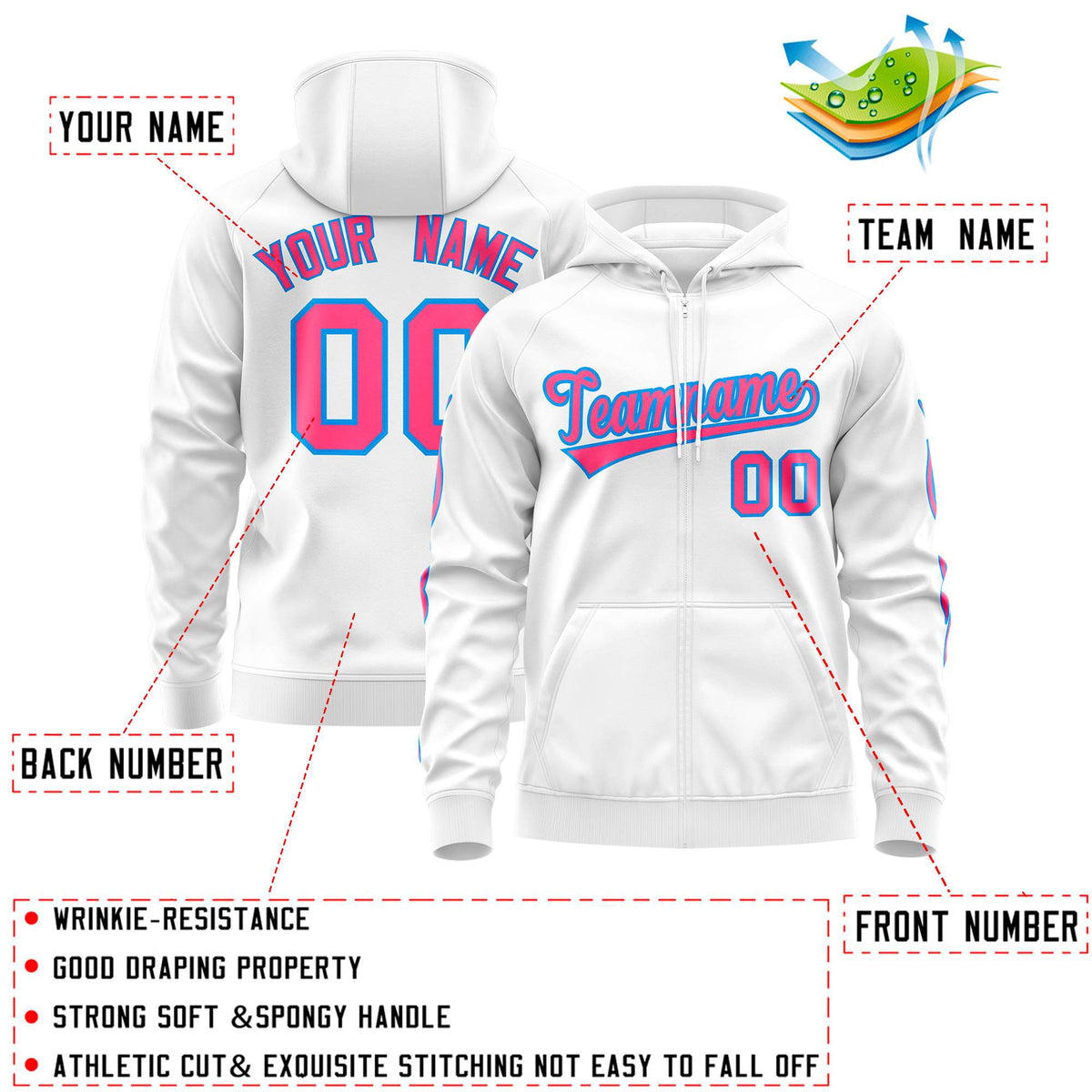 Custom Stitched White Pink Sports Full-Zip Sweatshirt Hoodie with Flame| KXKSHOP