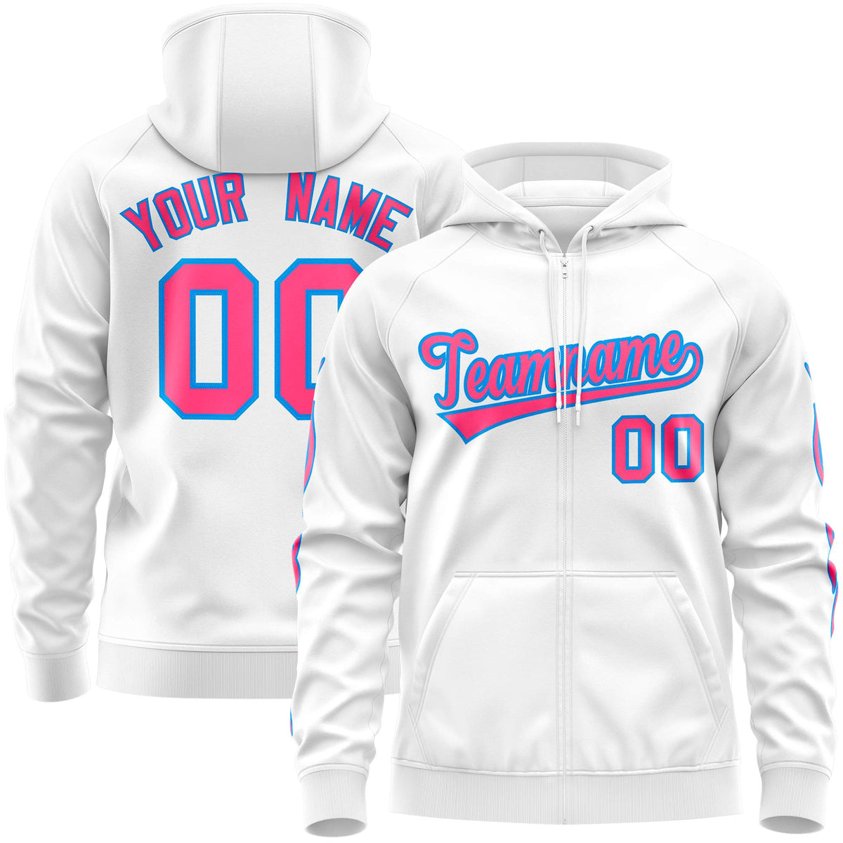 Custom Stitched White Pink Sports Full-Zip Sweatshirt Hoodie with Flame| KXKSHOP