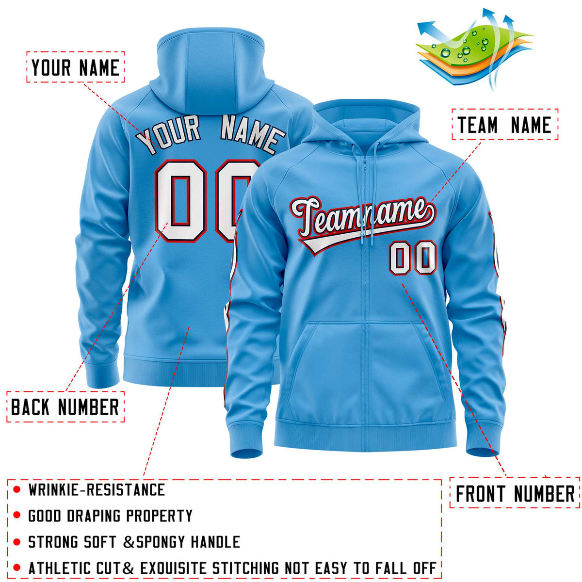 Custom Stitched Light Blue White Sports Full-Zip Sweatshirt Hoodie with Flame| KXKSHOP