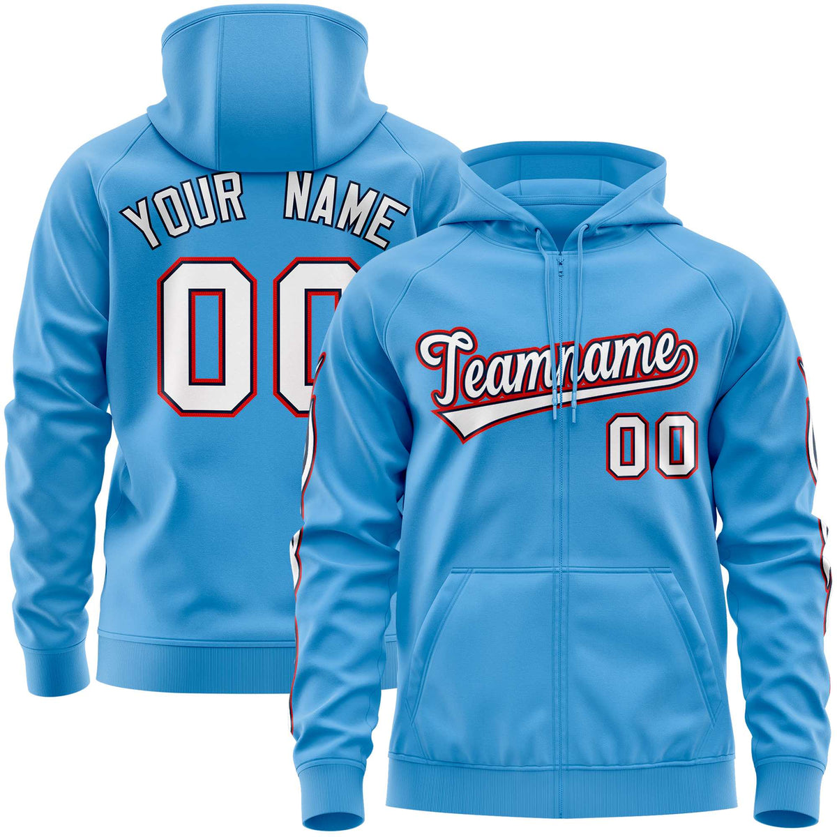 Custom Stitched Light Blue White Sports Full-Zip Sweatshirt Hoodie with Flame| KXKSHOP