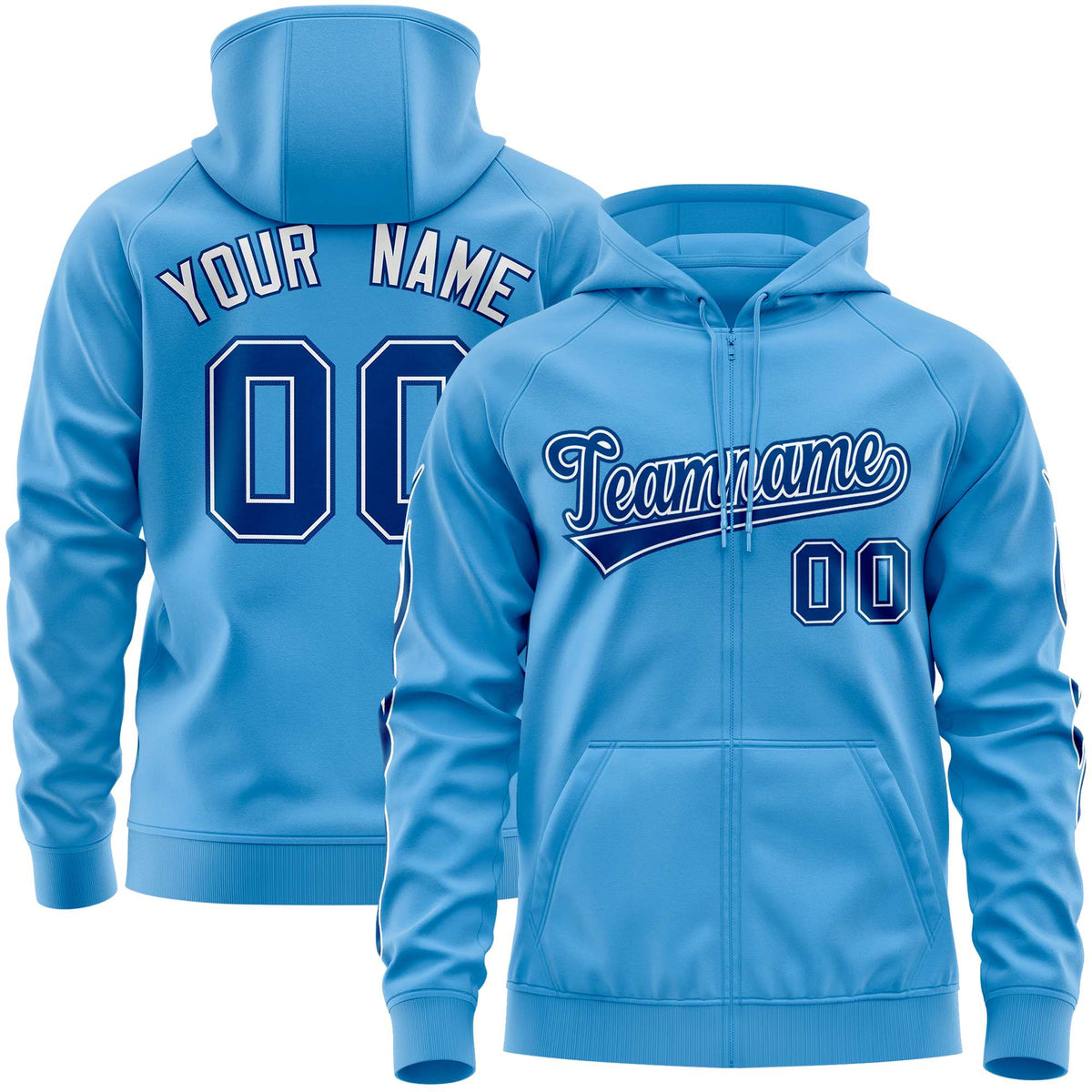 Custom Stitched Light Blue Royal Sports Full-Zip Sweatshirt Hoodie with Flame| KXKSHOP
