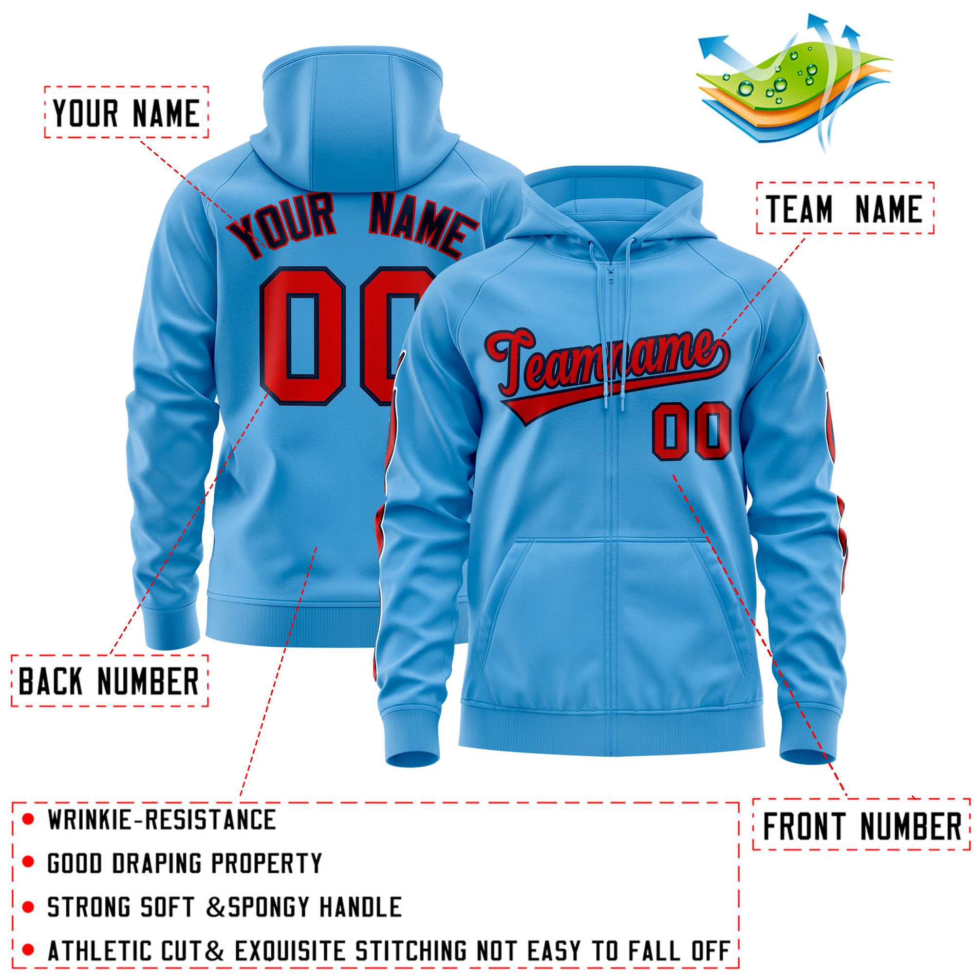 Custom Stitched Light Blue Red Sports Full-Zip Sweatshirt Hoodie with Flame| KXKSHOP