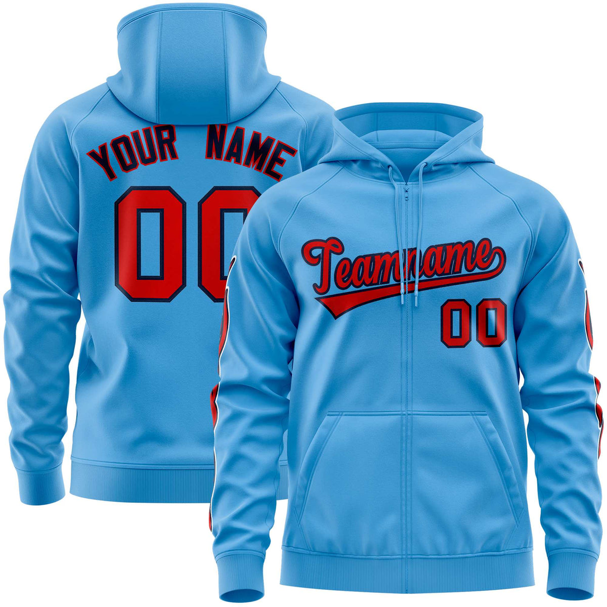 Custom Stitched Light Blue Red Sports Full-Zip Sweatshirt Hoodie with Flame| KXKSHOP