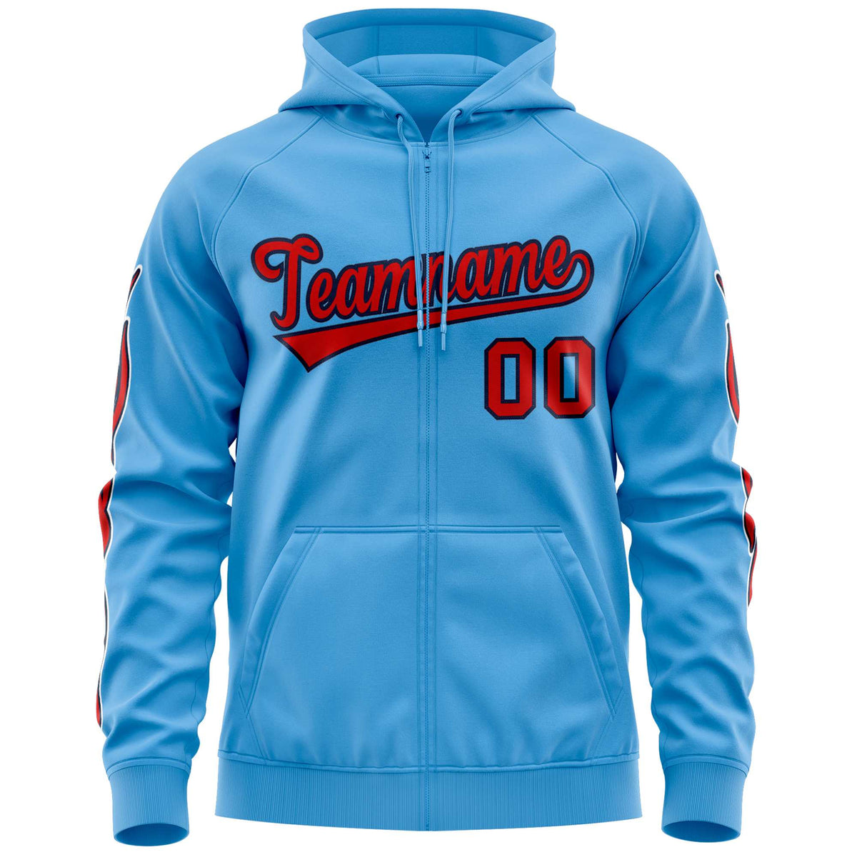 Custom Stitched Light Blue Red Sports Full-Zip Sweatshirt Hoodie with Flame| KXKSHOP