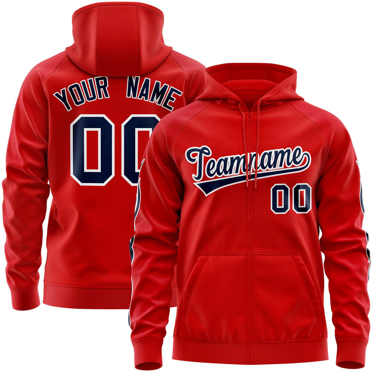 Custom Stitched Red Navy Sports Full-Zip Sweatshirt Hoodie with Flame| KXKSHOP