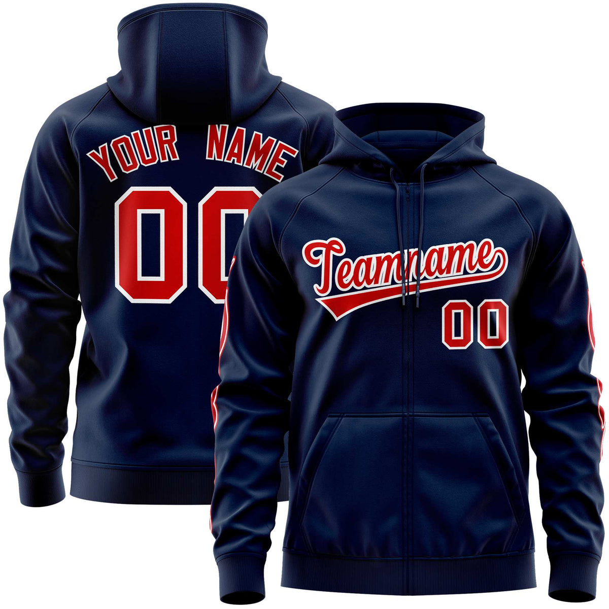 Custom Stitched Navy Red Sports Full-Zip Sweatshirt Hoodie with Flame| KXKSHOP