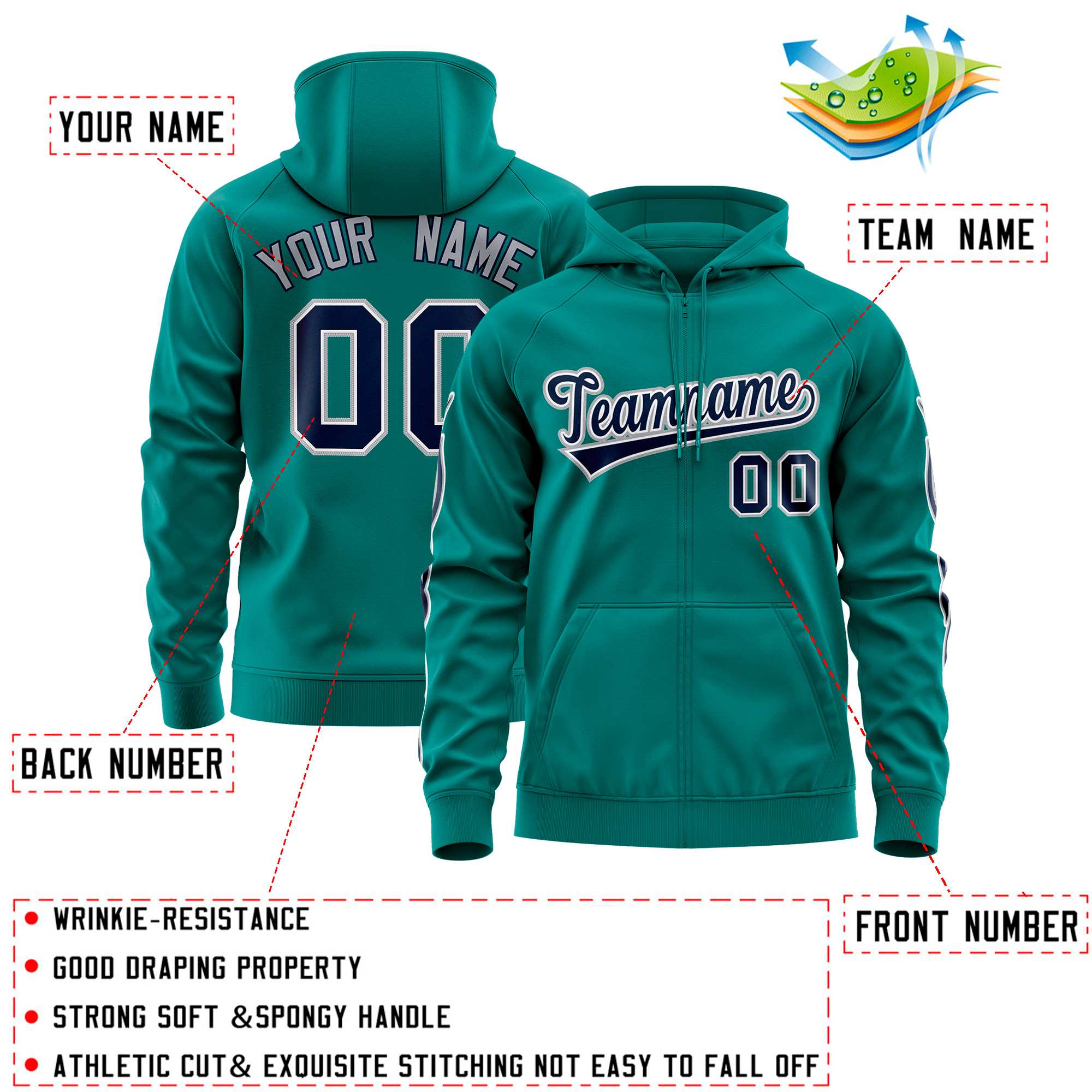 Custom Stitched Aqua Navy Sports Full-Zip Sweatshirt Hoodie with Flame| KXKSHOP