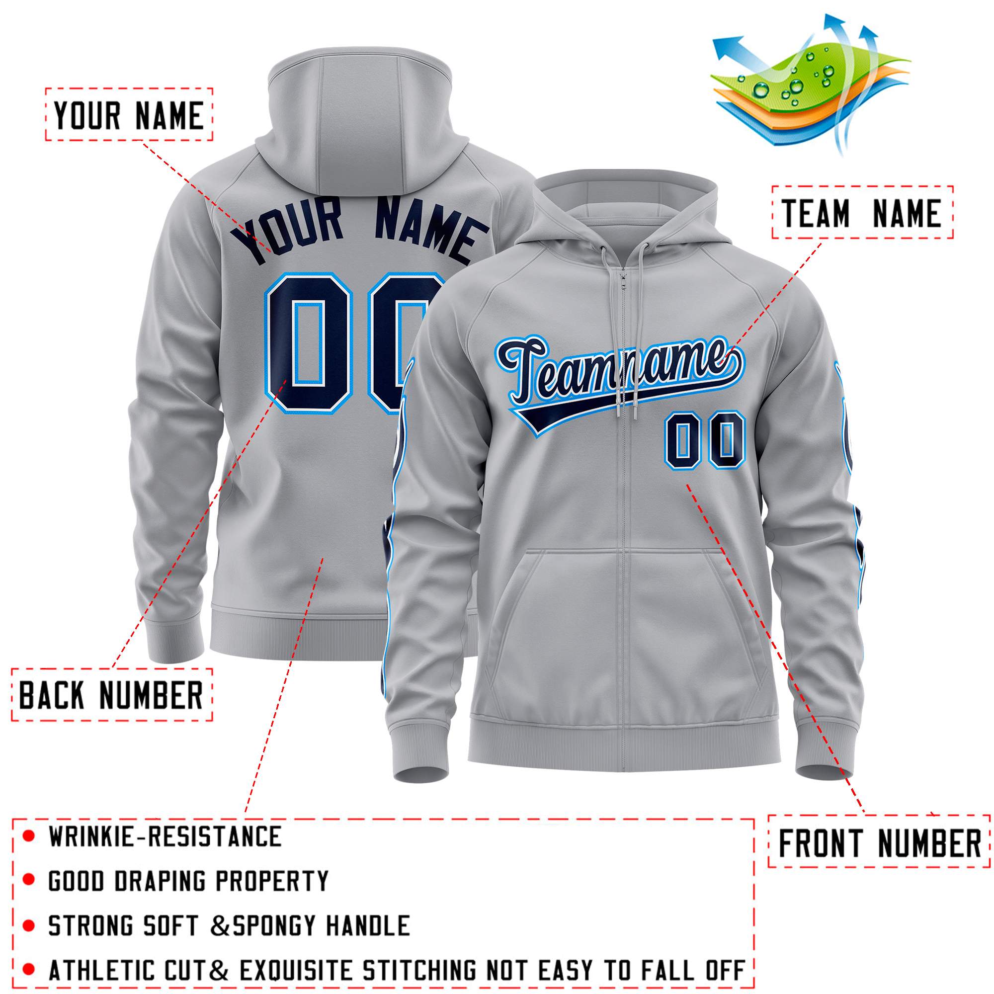 Custom Stitched Gray Navy Sports Full-Zip Sweatshirt Hoodie with Flame| KXKSHOP