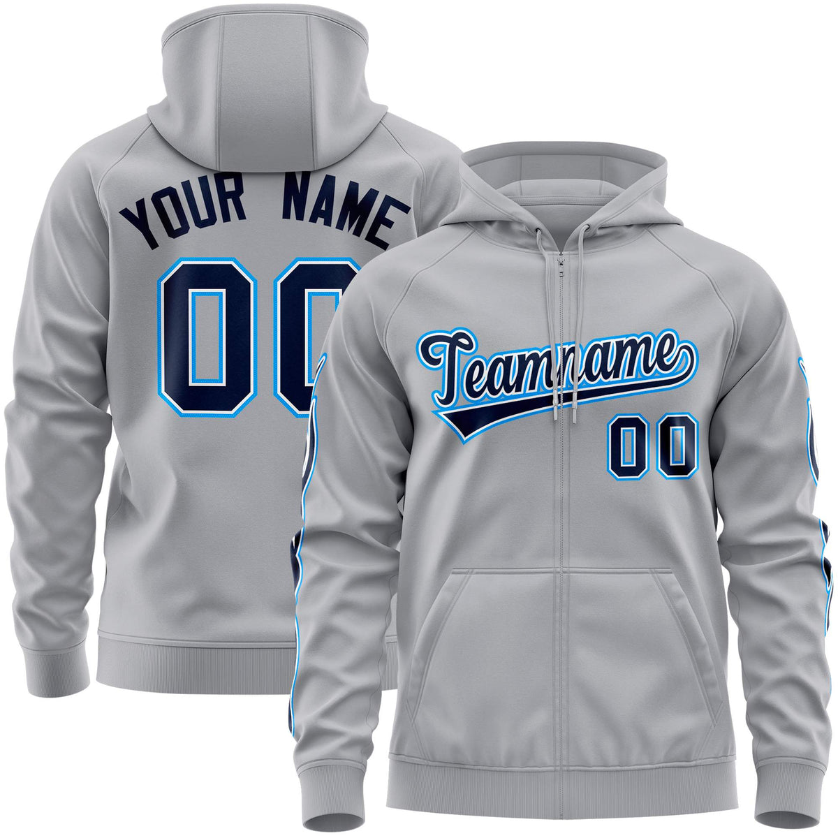 Custom Stitched Gray Navy Sports Full-Zip Sweatshirt Hoodie with Flame| KXKSHOP