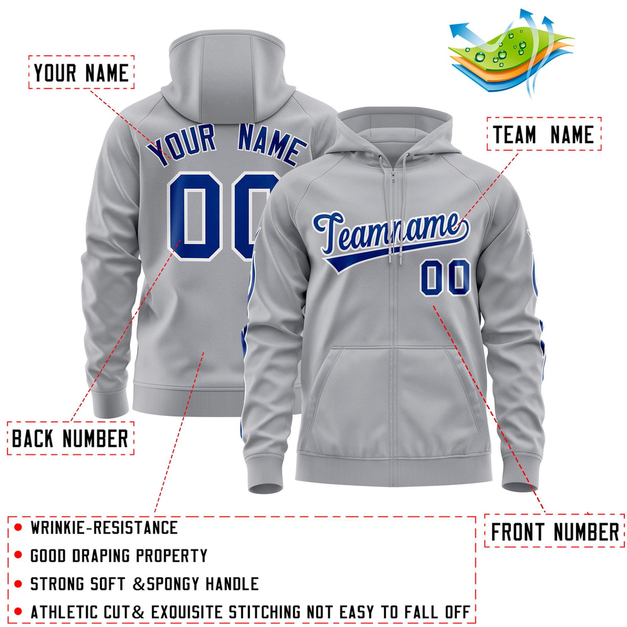 Custom Stitched Gray Royal Sports Full-Zip Sweatshirt Hoodie with Flame| KXKSHOP