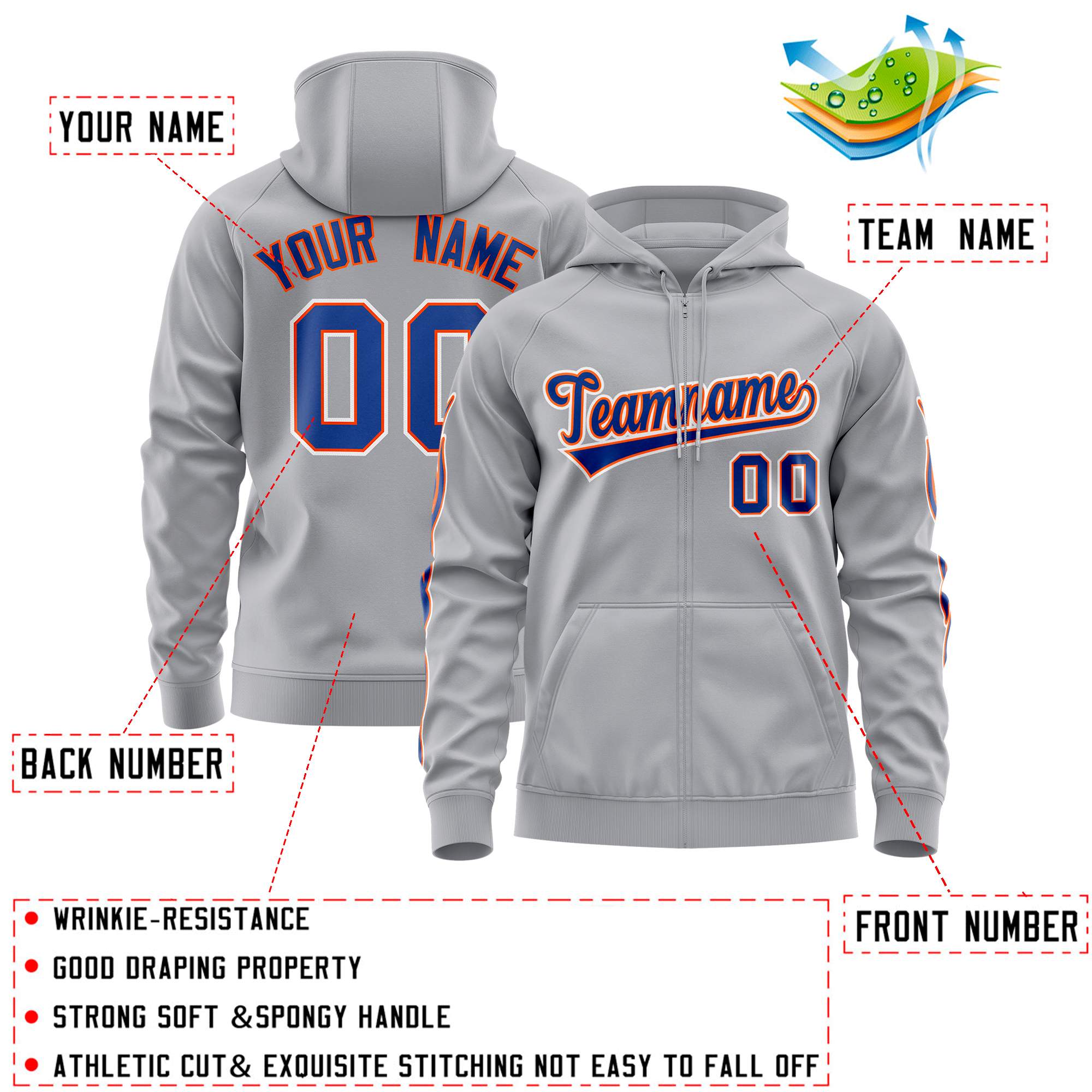 Custom Stitched Gray Royal Sports Full-Zip Sweatshirt Hoodie with Flame| KXKSHOP