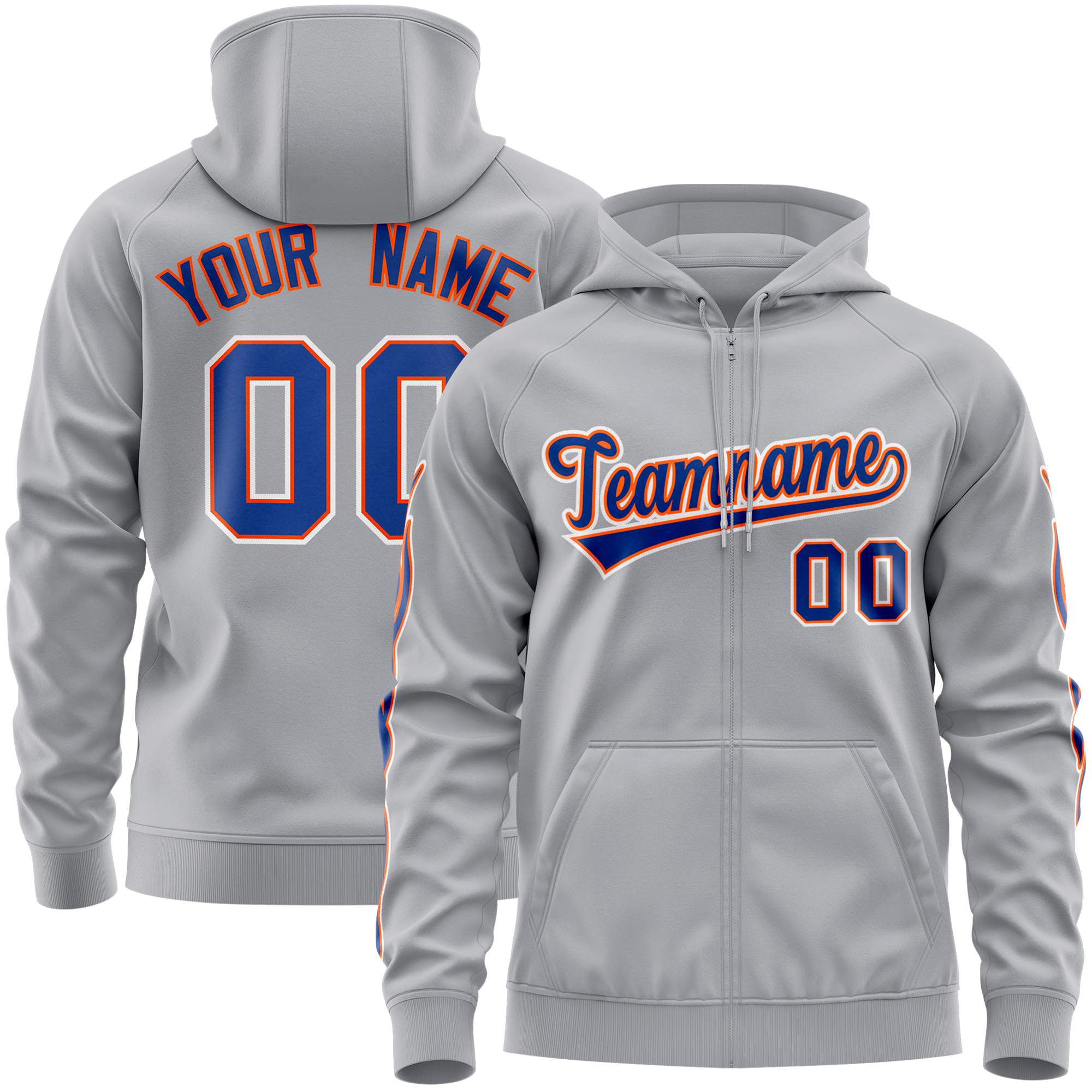 Custom Stitched Gray Royal Sports Full-Zip Sweatshirt Hoodie with Flame| KXKSHOP