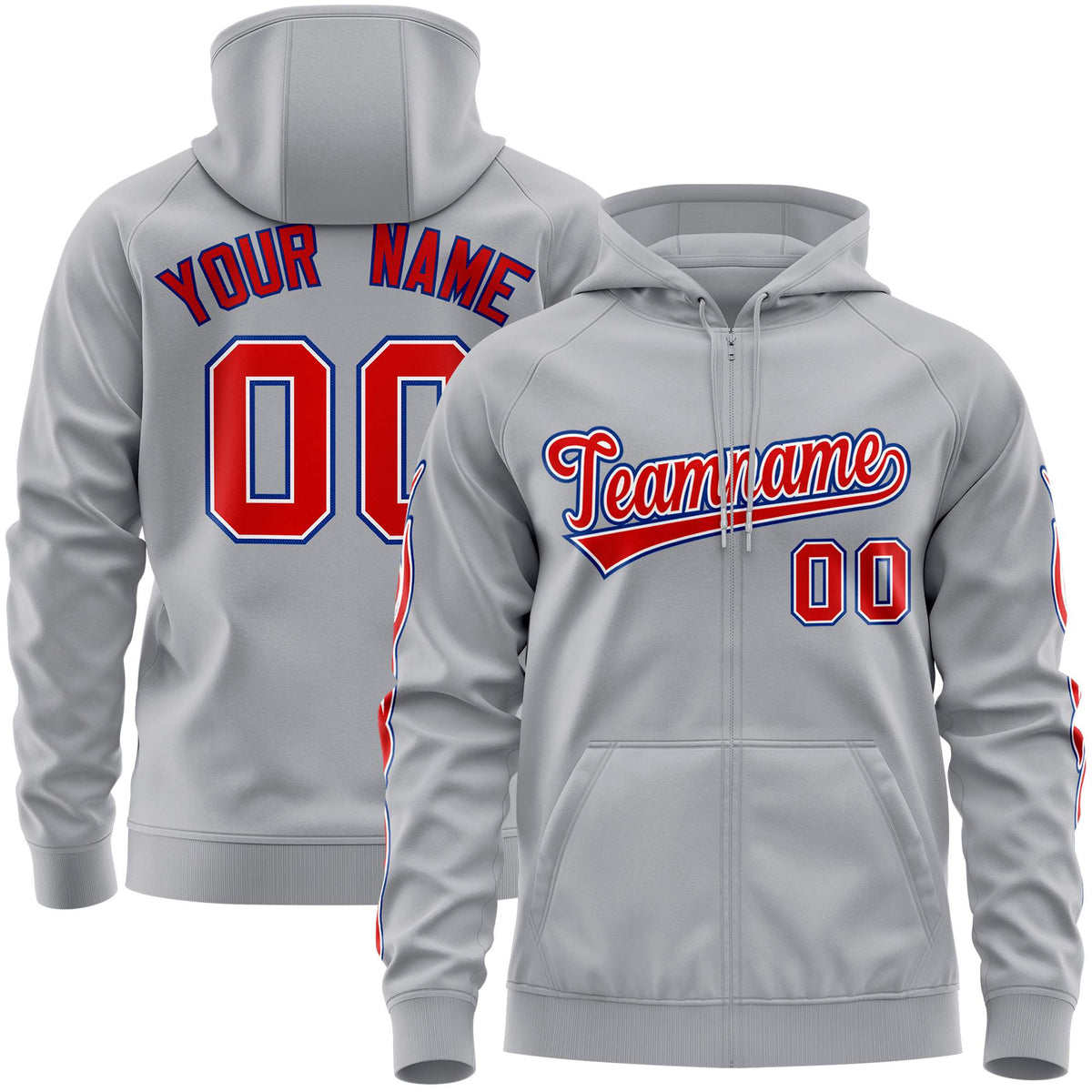 Custom Stitched Gray Red Sports Full-Zip Sweatshirt Hoodie with Flame| KXKSHOP