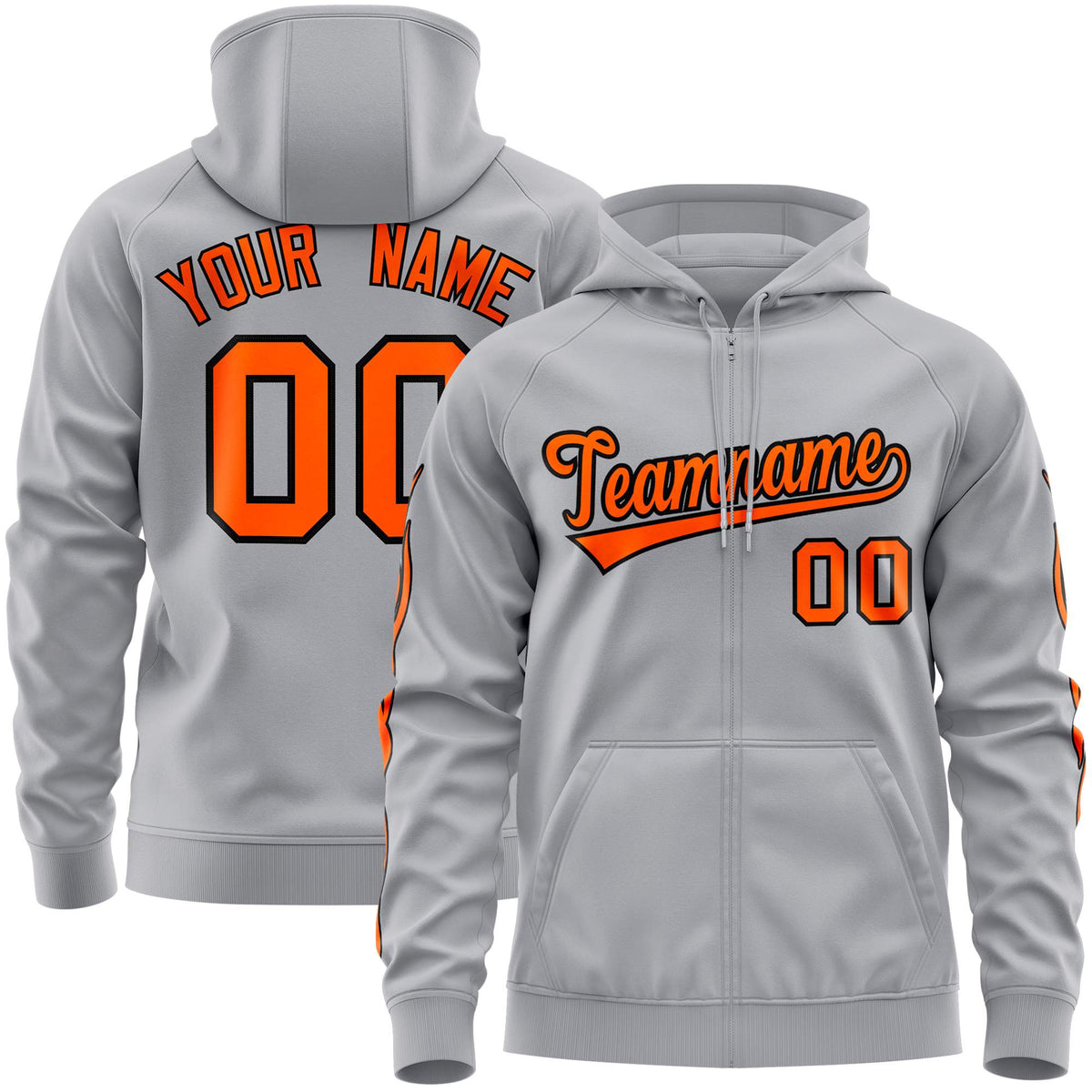 Custom Stitched Gray Orange Sports Full-Zip Sweatshirt Hoodie with Flame| KXKSHOP