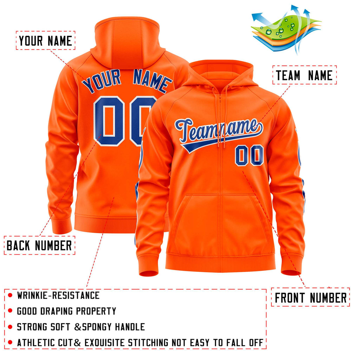 Custom Stitched Orange Royal Sports Full-Zip Sweatshirt Hoodie with Flame| KXKSHOP