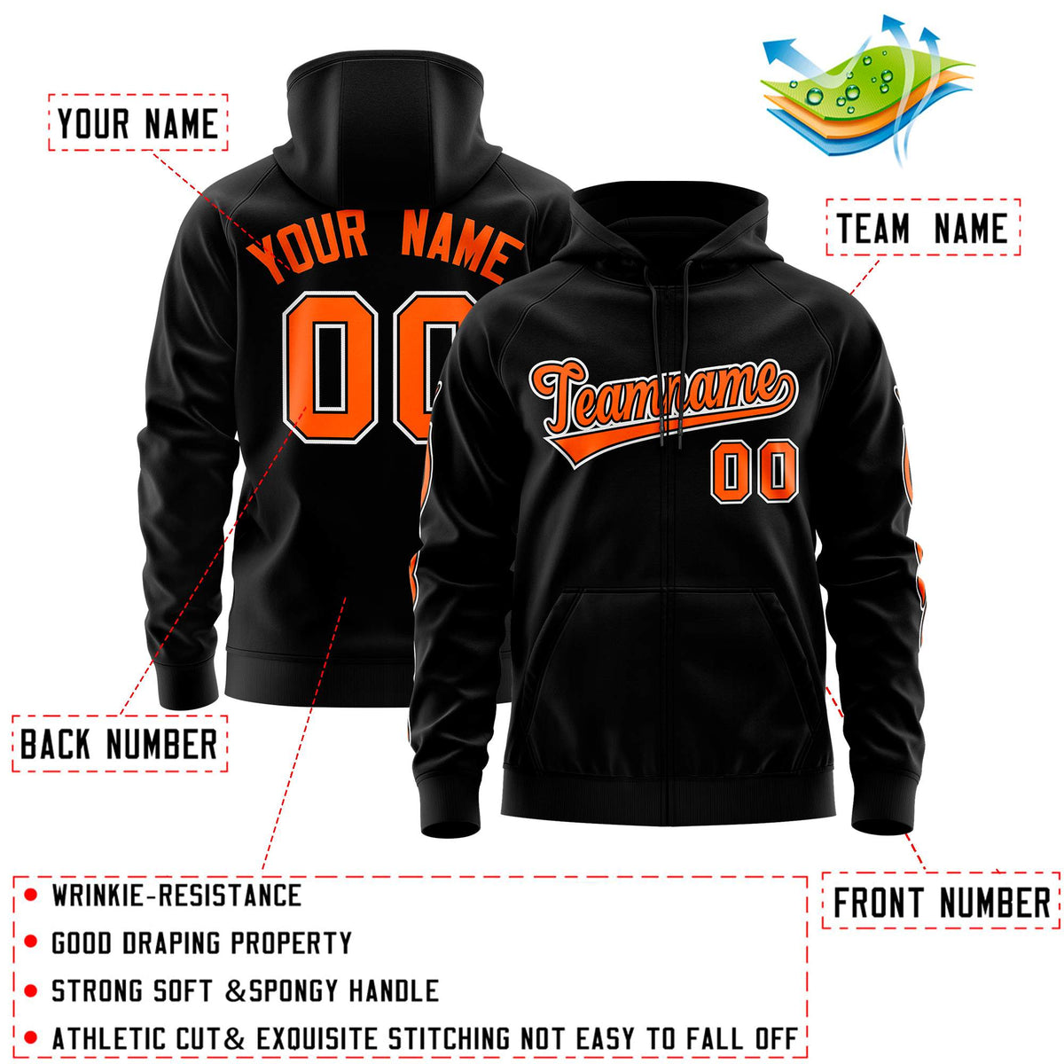 Custom Stitched Black Orange Sports Full-Zip Sweatshirt Hoodie with Flame| KXKSHOP