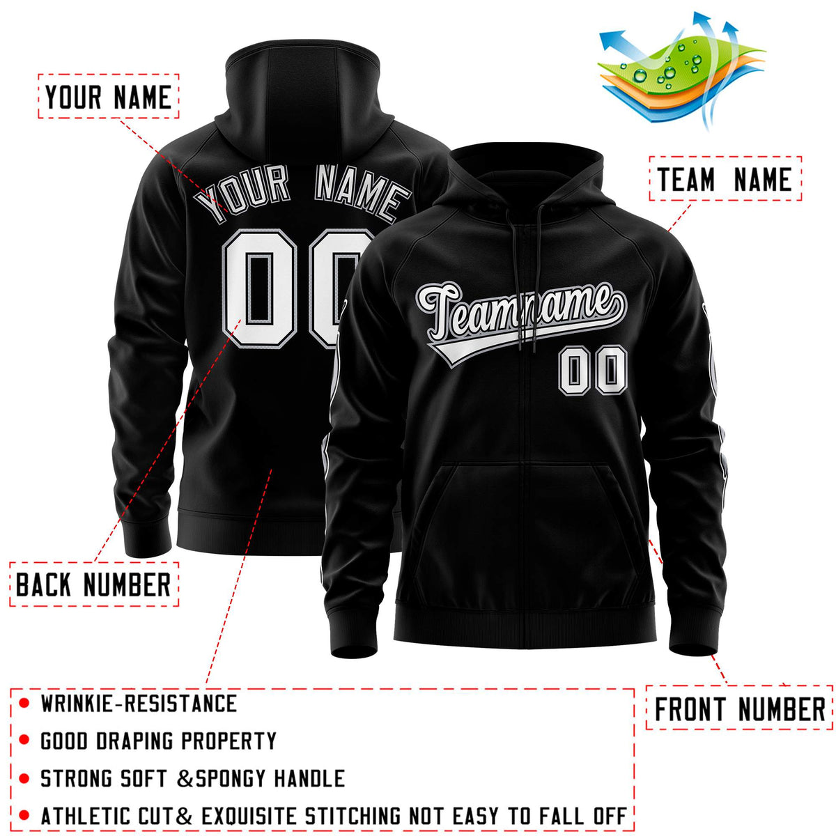 Custom Stitched Black White Sports Full-Zip Sweatshirt Hoodie with Flame| KXKSHOP