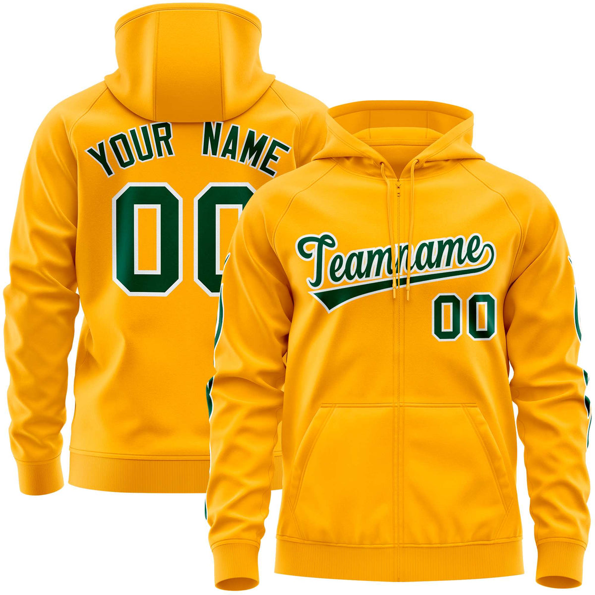 Custom Stitched Gold Green Sports Full-Zip Sweatshirt Hoodie with Flame| KXKSHOP
