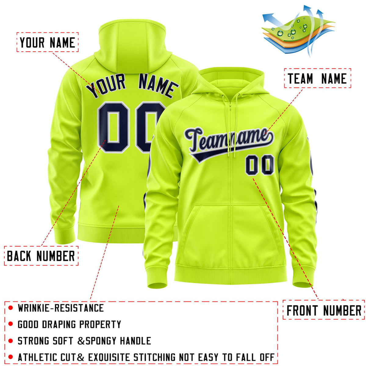 Custom Stitched Neon Green Navy Sports Full-Zip Sweatshirt Hoodie with Flame| KXKSHOP