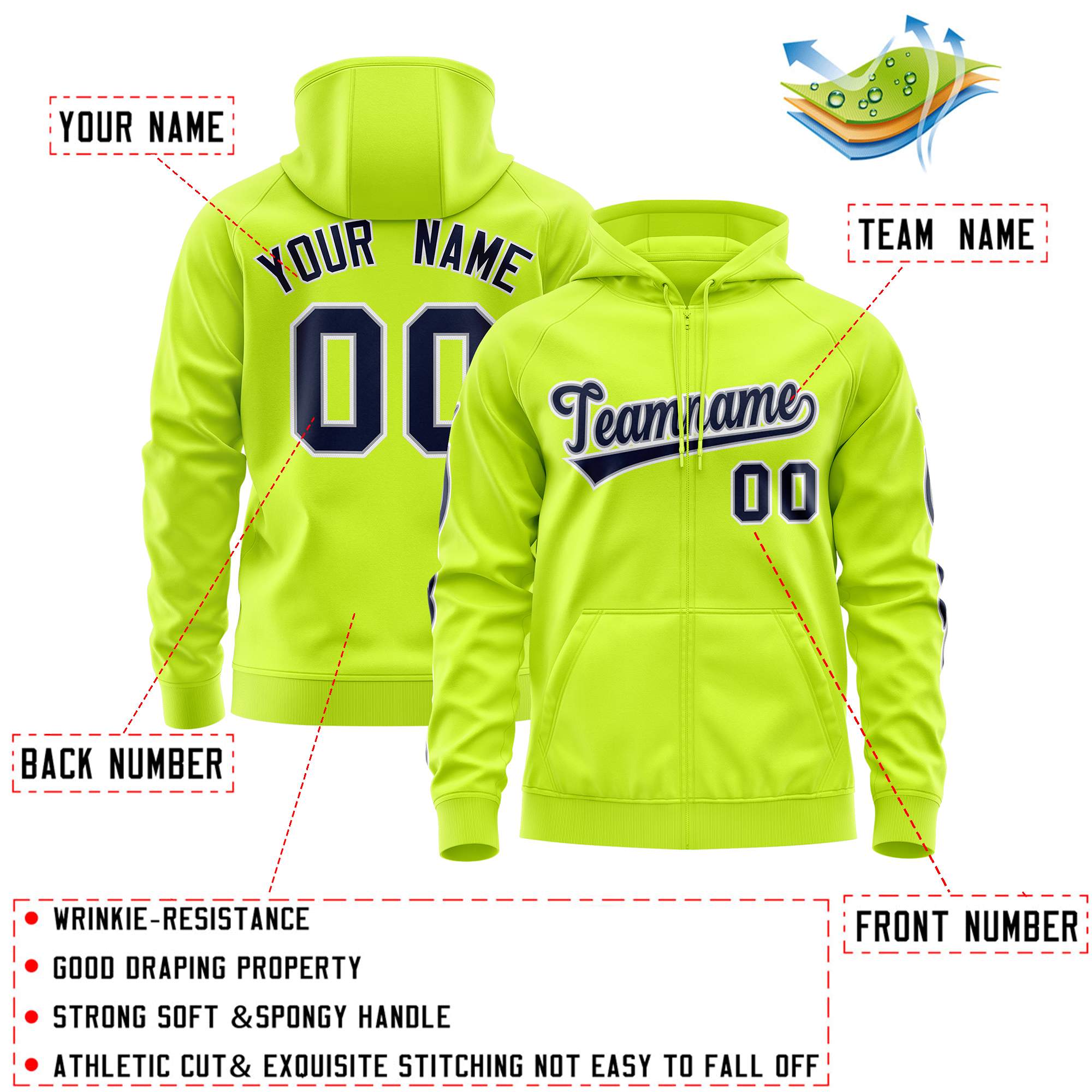 Custom Stitched Neon Green Navy Sports Full-Zip Sweatshirt Hoodie with Flame| KXKSHOP