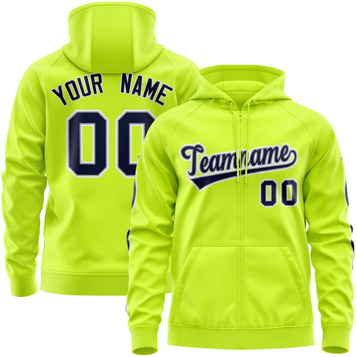 Custom Stitched Neon Green Navy Sports Full-Zip Sweatshirt Hoodie with Flame| KXKSHOP