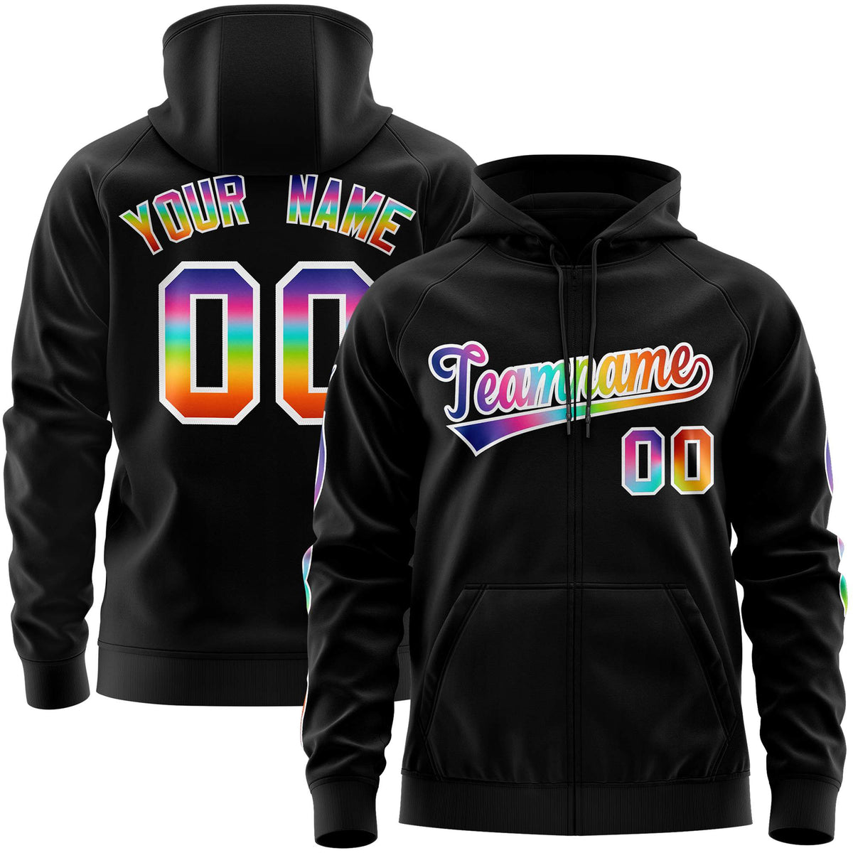 Custom Stitched Black White Sports Full-Zip Sweatshirt Hoodie with Colored Flames| KXKSHOP