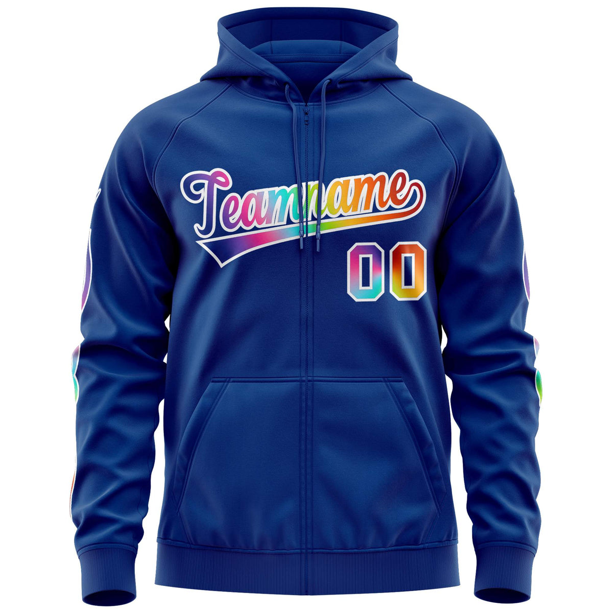 Custom Stitched Royal White Sports Full-Zip Sweatshirt Hoodie with Colored Flames| KXKSHOP