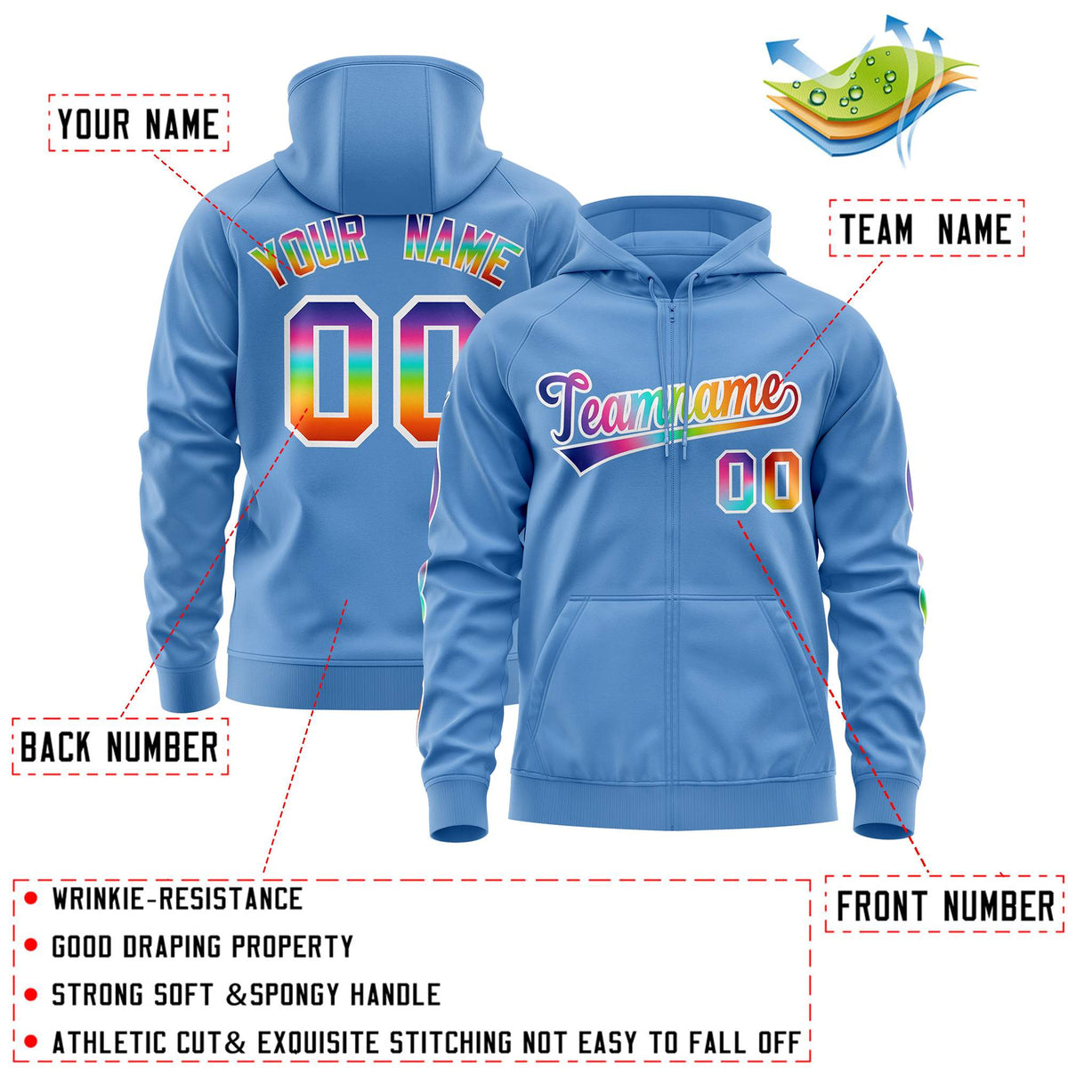 Custom Stitched Light Blue White Sports Full-Zip Sweatshirt Hoodie with Colored Flames| KXKSHOP