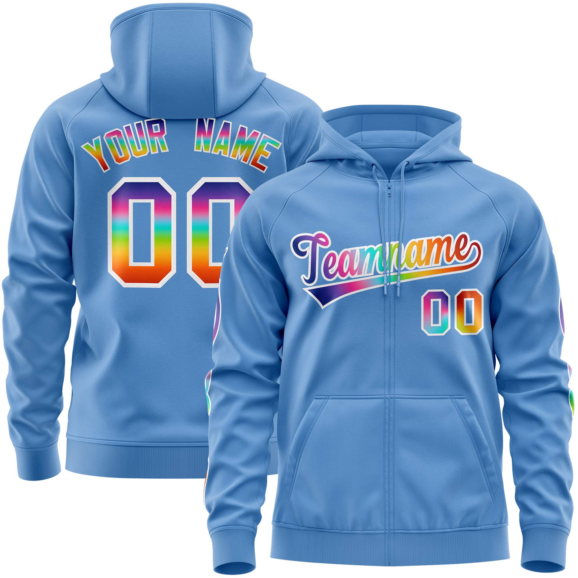Custom Stitched Light Blue White Sports Full-Zip Sweatshirt Hoodie with Colored Flames| KXKSHOP