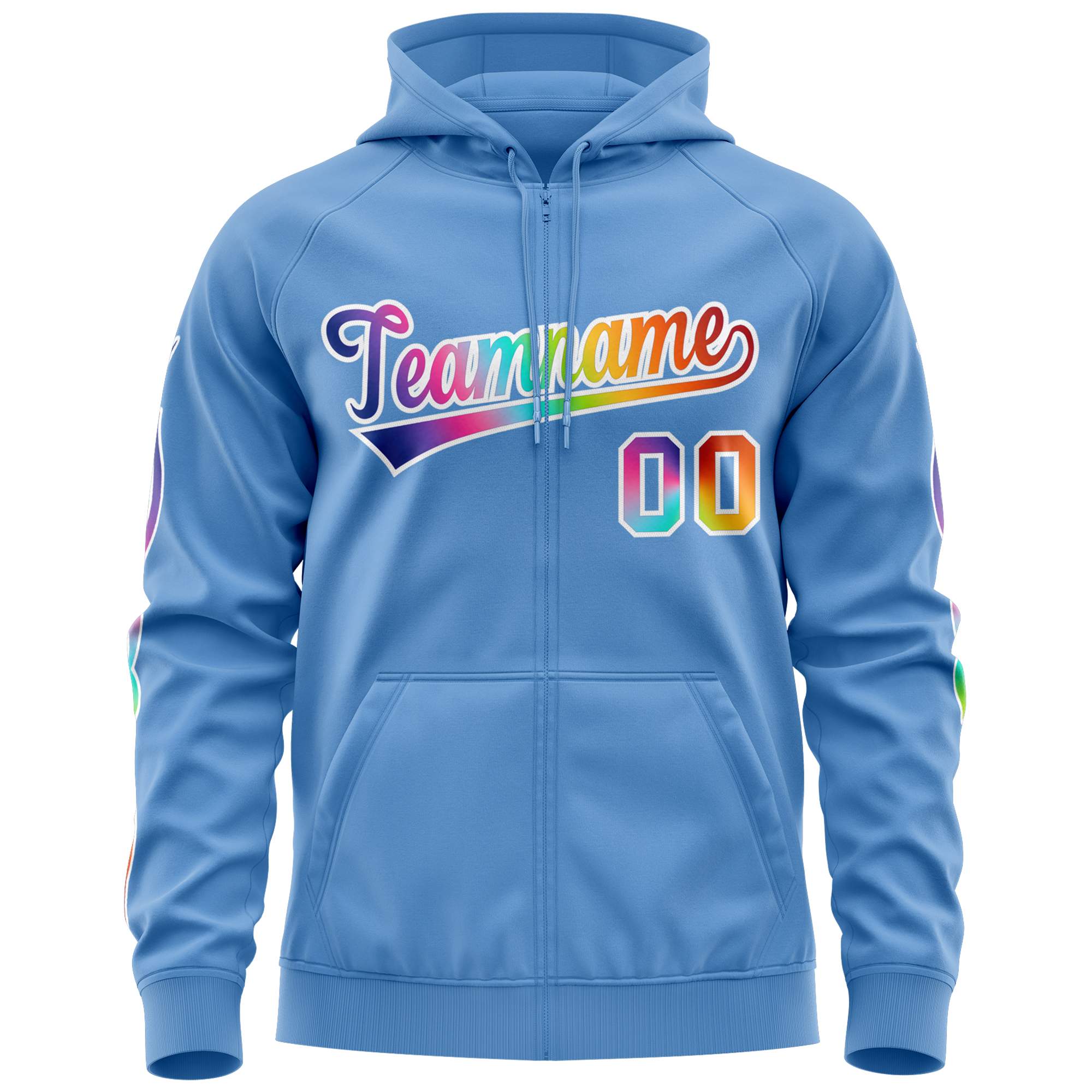Custom Stitched Light Blue White Sports Full-Zip Sweatshirt Hoodie with Colored Flames| KXKSHOP
