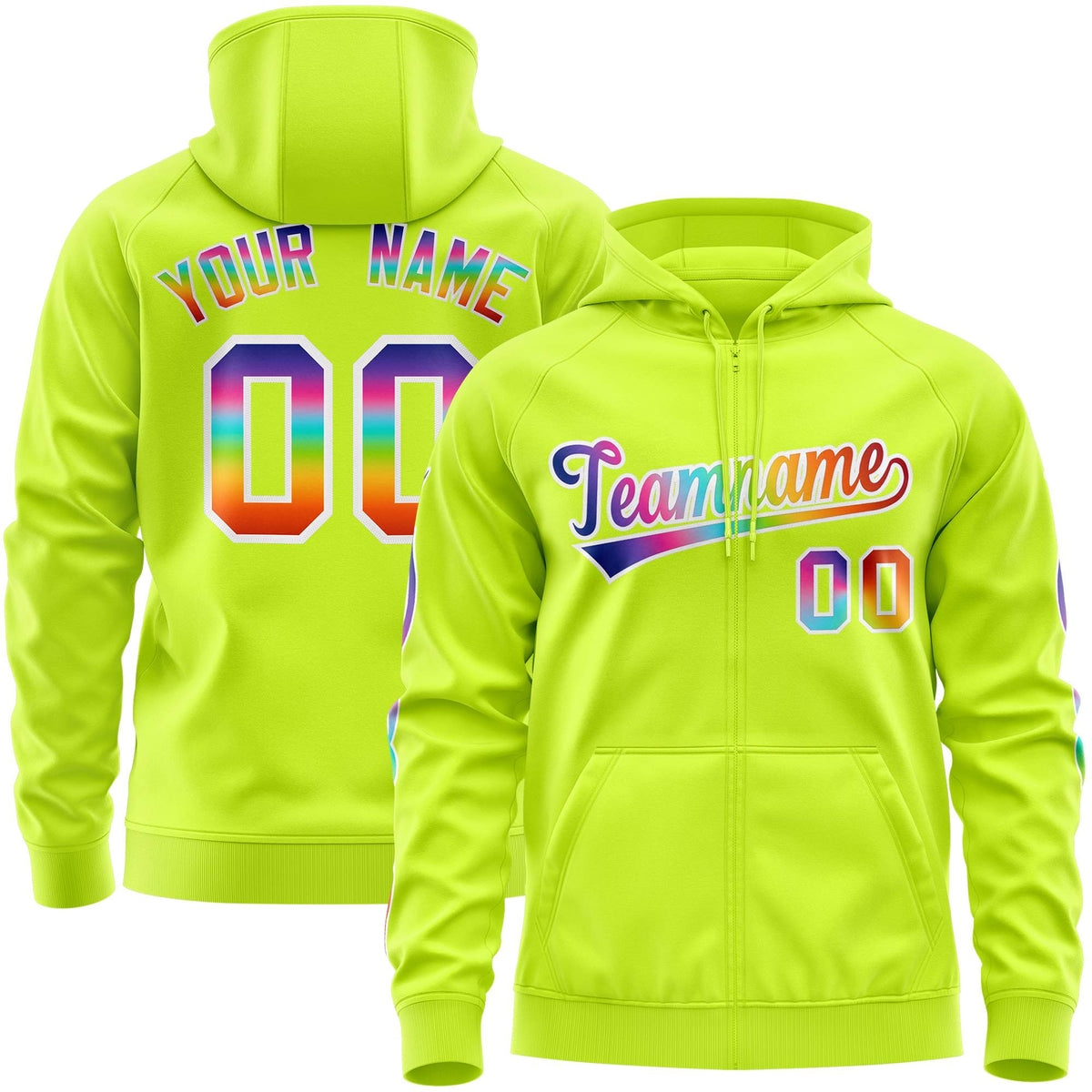 Custom Stitched Neon Green White Sports Full-Zip Sweatshirt Hoodie with Colored Flames| KXKSHOP