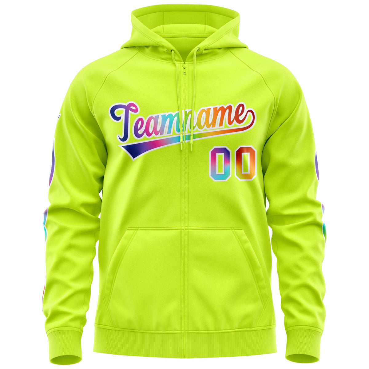 Custom Stitched Neon Green White Sports Full-Zip Sweatshirt Hoodie with Colored Flames| KXKSHOP