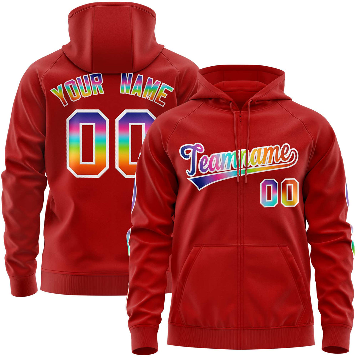 Custom Stitched Red White Sports Full-Zip Sweatshirt Hoodie with Colored Flames| KXKSHOP