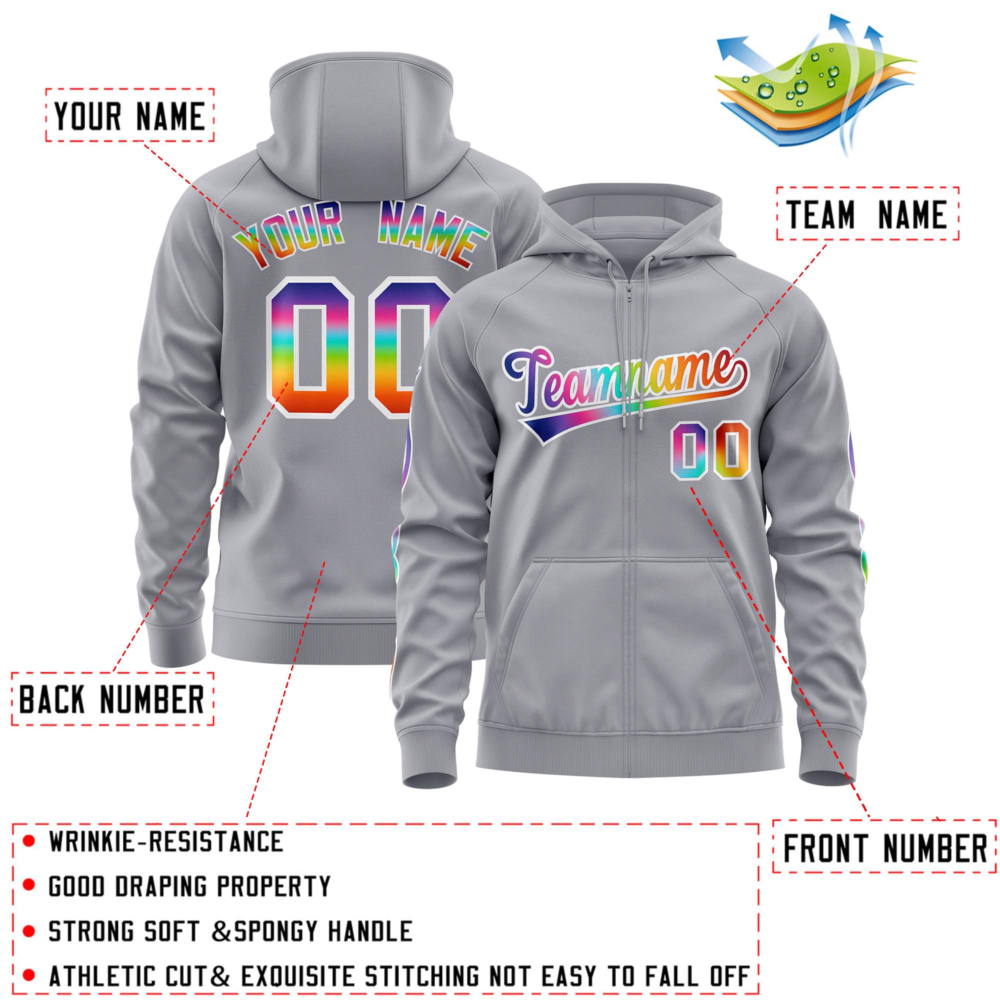 Custom Stitched Gray White Sports Full-Zip Sweatshirt Hoodie with Colored Flames| KXKSHOP
