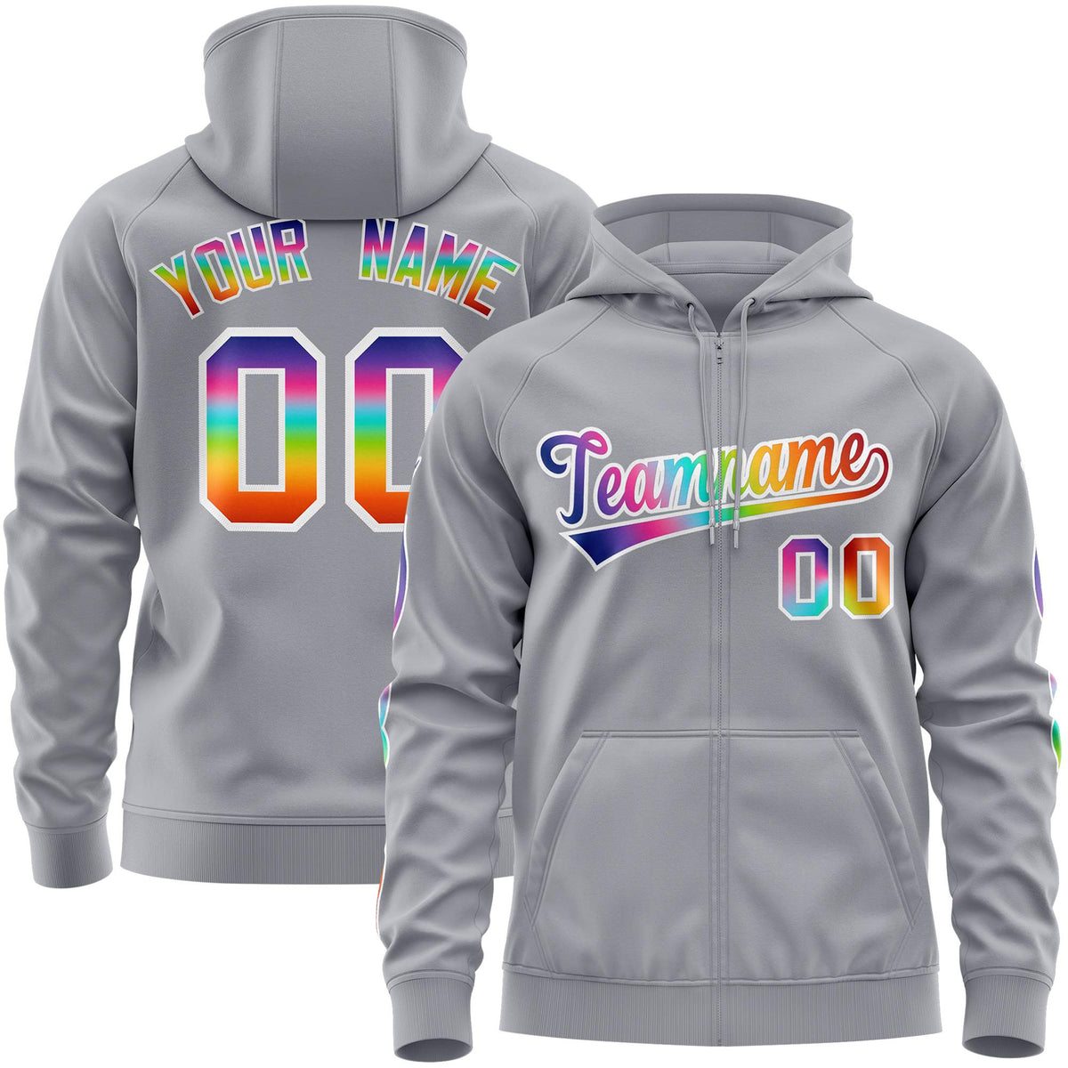 Custom Stitched Gray White Sports Full-Zip Sweatshirt Hoodie with Colored Flames| KXKSHOP