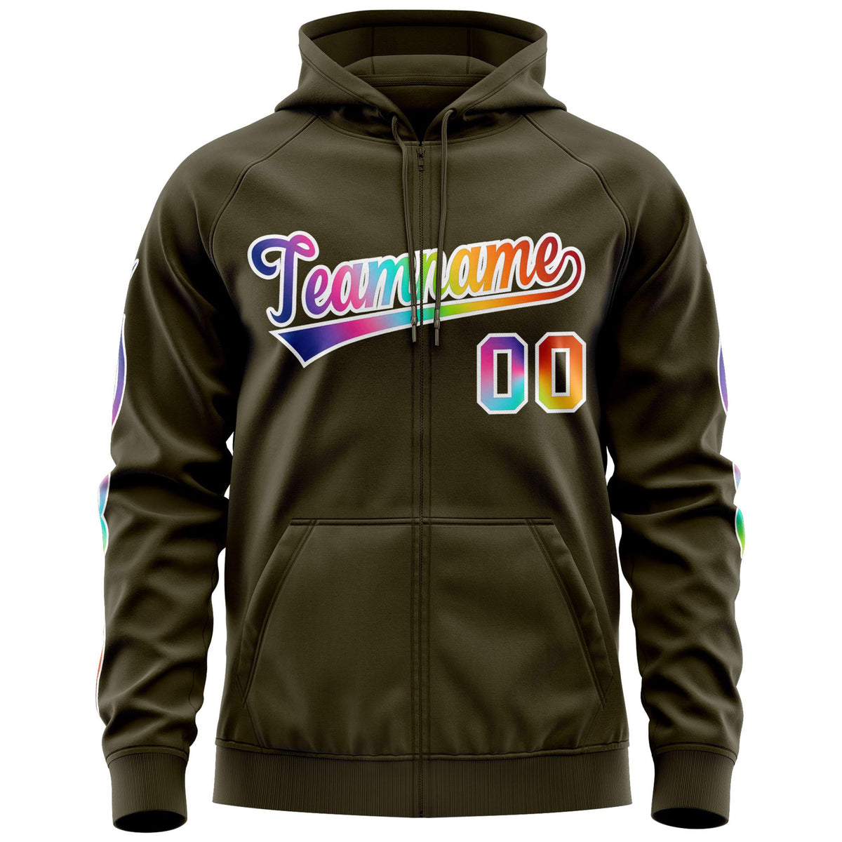 Custom Stitched Olive White Sports Full-Zip Sweatshirt Hoodie with Colored Flames| KXKSHOP