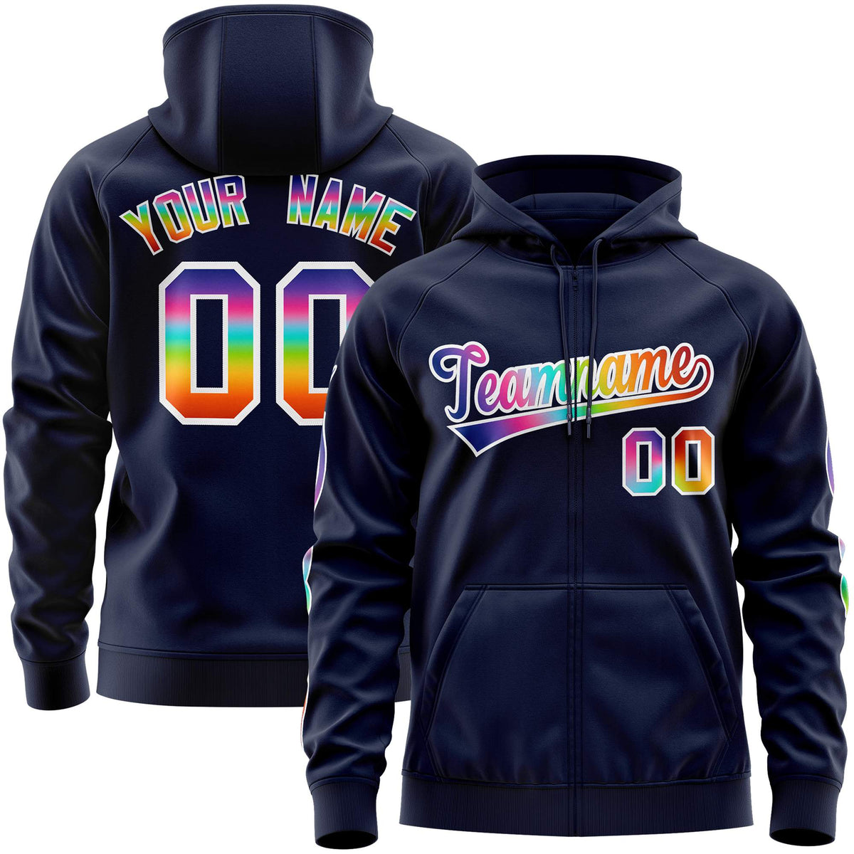 Custom Stitched Navy White Sports Full-Zip Sweatshirt Hoodie with Colored Flames| KXKSHOP