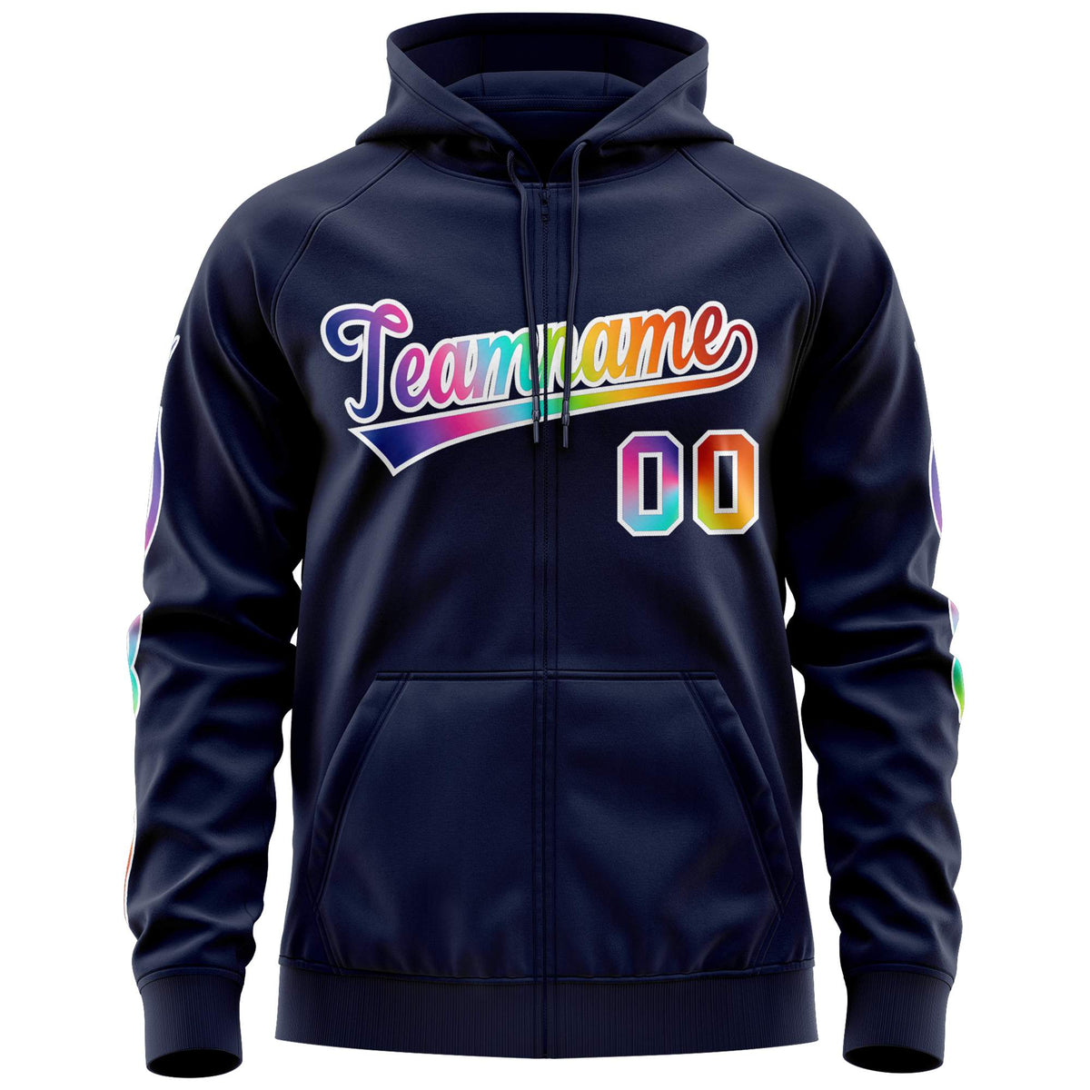 Custom Stitched Navy White Sports Full-Zip Sweatshirt Hoodie with Colored Flames| KXKSHOP