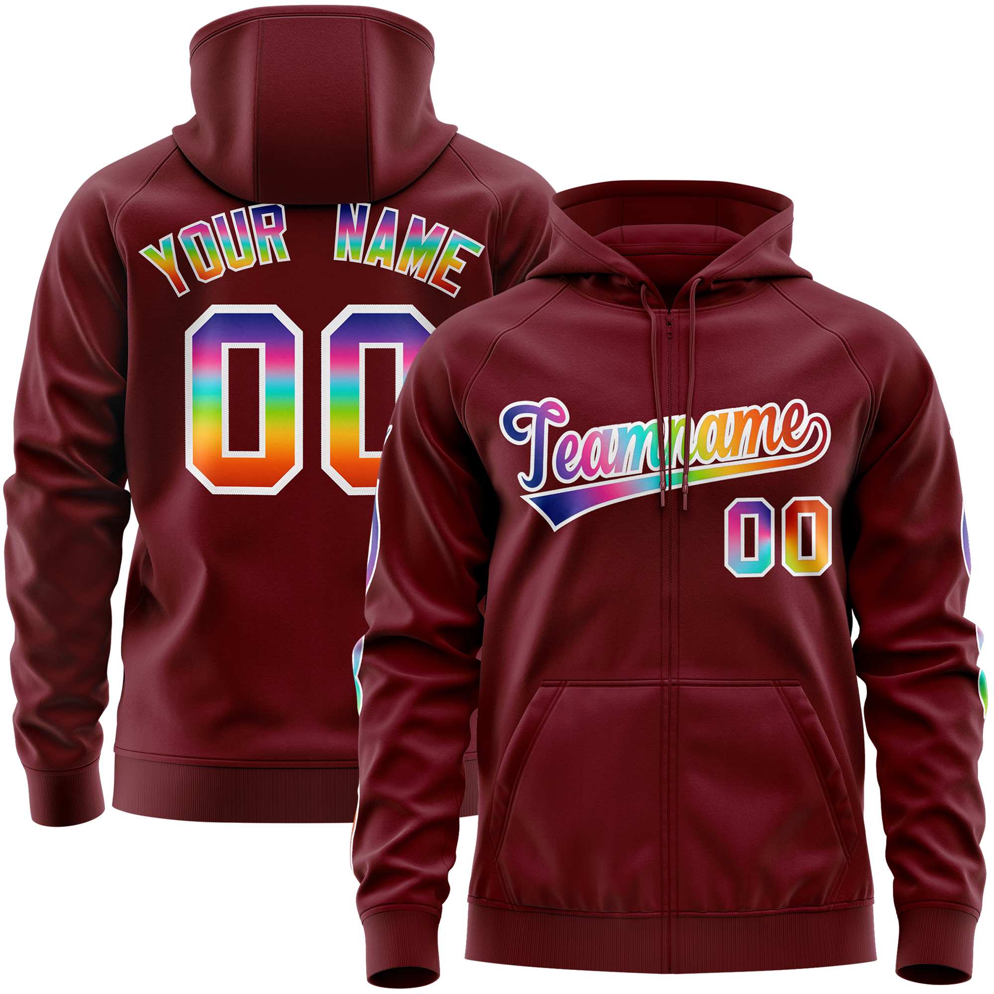 Custom Stitched Crimson White Sports Full-Zip Sweatshirt Hoodie with Colored Flames| KXKSHOP