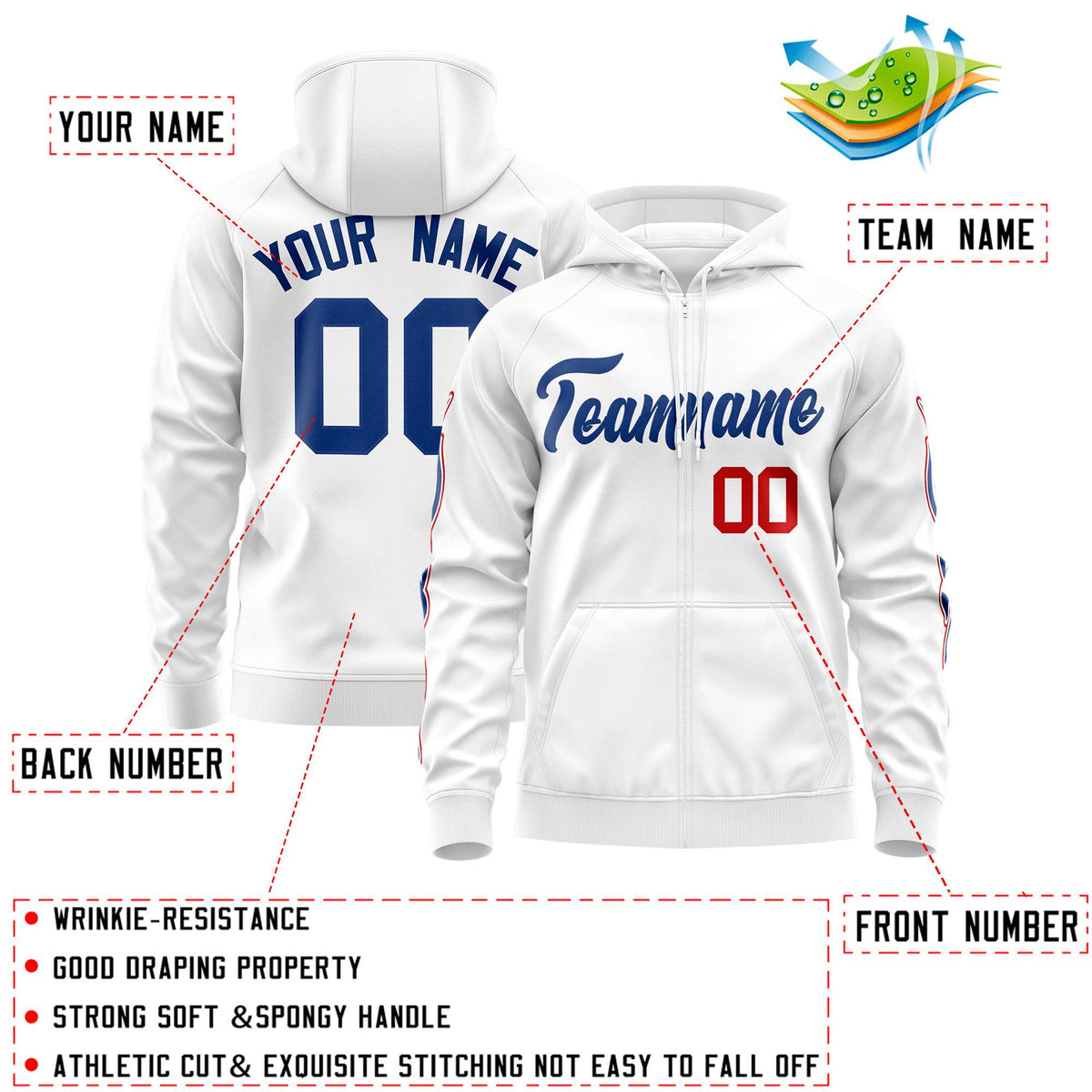 Custom Stitched White Royal Sports Full-Zip Sweatshirt Hoodie with Flame| KXKSHOP