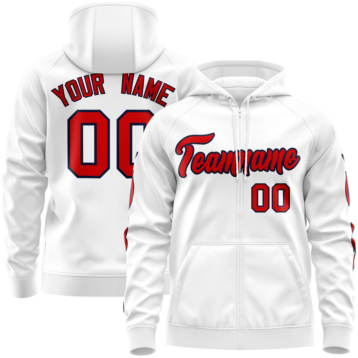 Custom Stitched White Red Sports Full-Zip Sweatshirt Hoodie with Flame| KXKSHOP