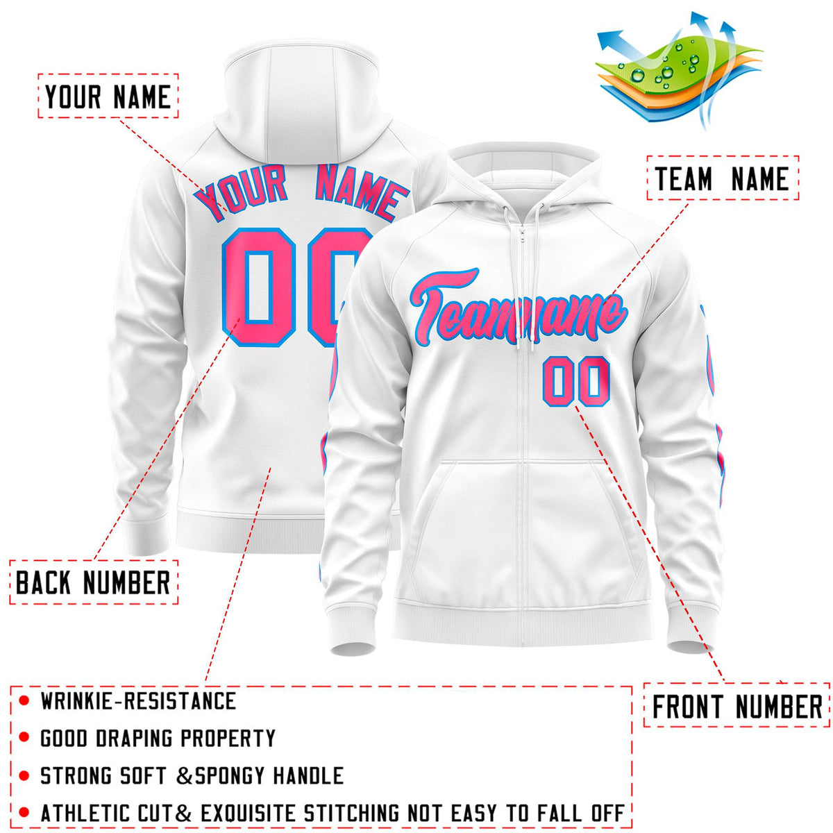 Custom Stitched White Pink Sports Full-Zip Sweatshirt Hoodie with Flame| KXKSHOP