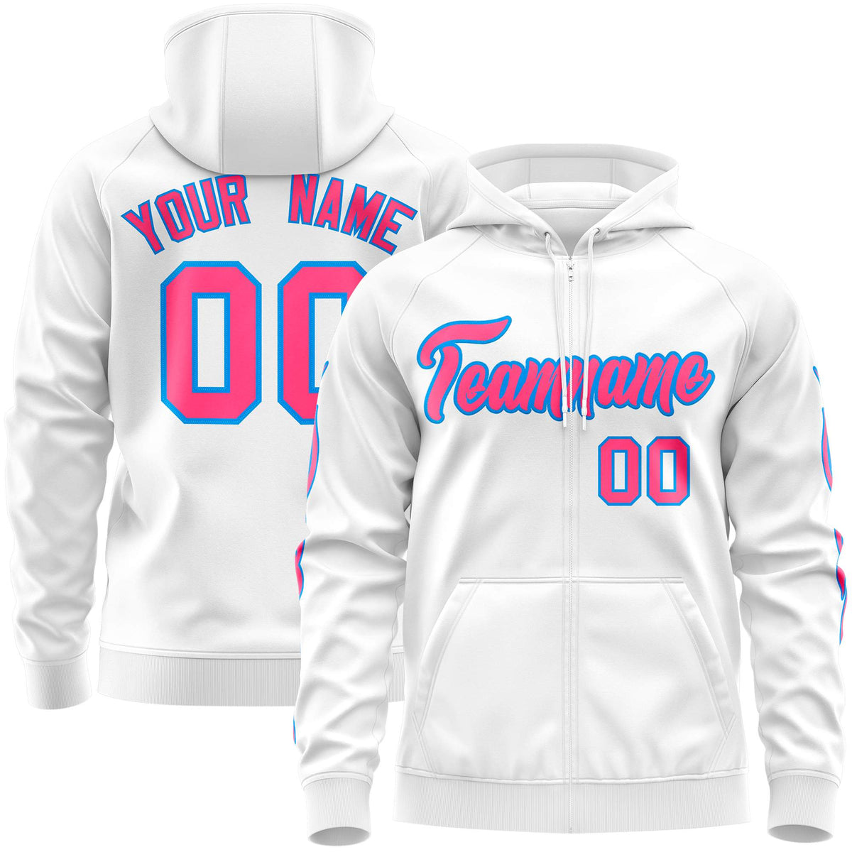 Custom Stitched White Pink Sports Full-Zip Sweatshirt Hoodie with Flame| KXKSHOP