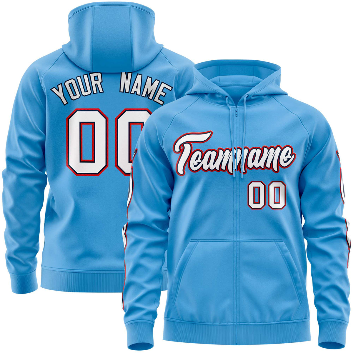 Custom Stitched Light Blue White Sports Full-Zip Sweatshirt Hoodie with Flame| KXKSHOP