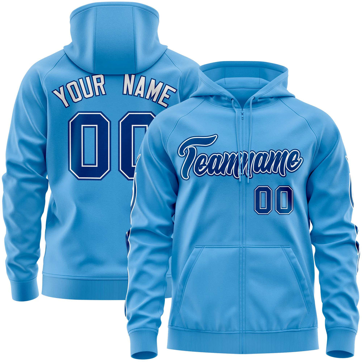 Custom Stitched Light Blue Royal Sports Full-Zip Sweatshirt Hoodie with Flame| KXKSHOP