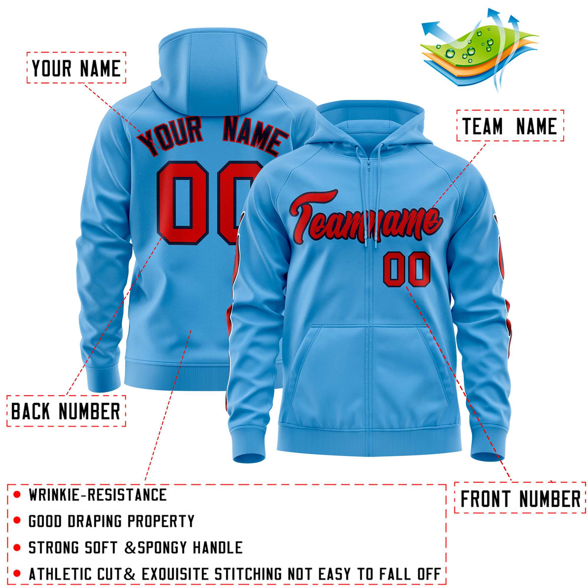 Custom Stitched Light Blue Red Sports Full-Zip Sweatshirt Hoodie with Flame| KXKSHOP